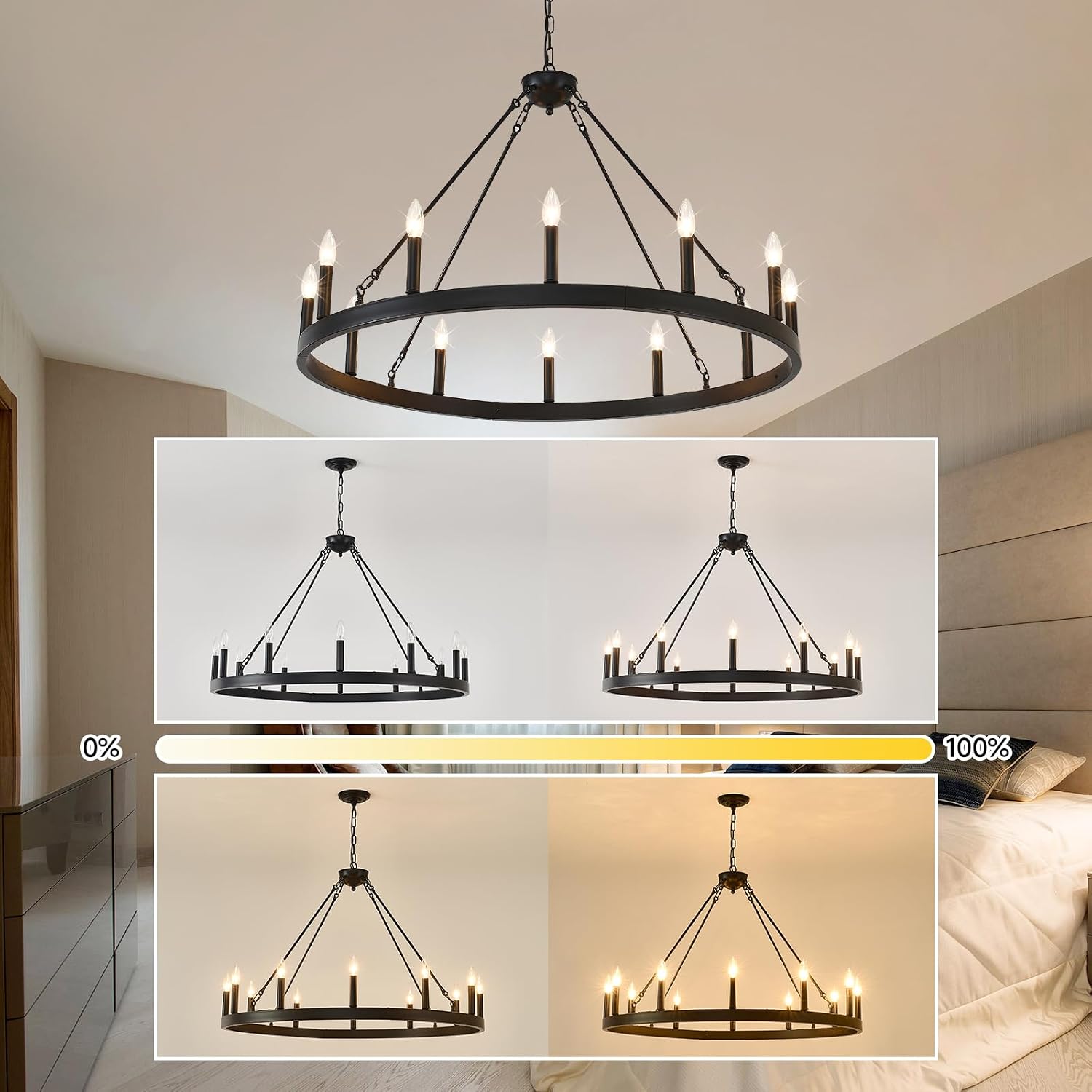 40 inch Wagon Wheel Chandelier Black 12-Light Round Farmhouse Chandeliers Modern Industrial Dinning Room Ceiling Light Fixtures for Living Room Foyer Entryway Outdoor Porch