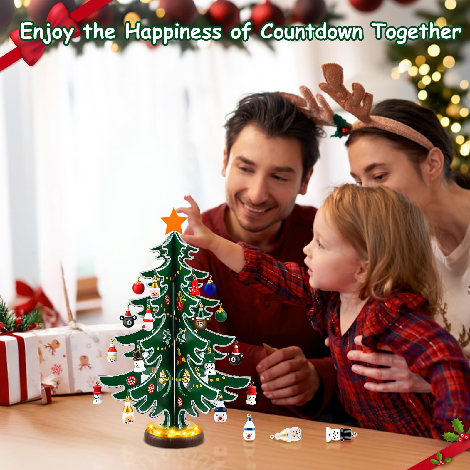 FFZZKJ Advent Calendar 2025 Kids with Lights 24 Days Countdown Wooden Christmas Tree with 30 Ornaments for Christmas Table Decoration Christmas Decorations - Image 4