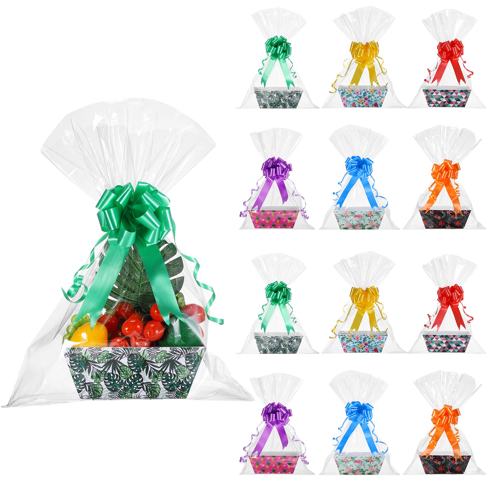 Canlierr 50 Stück leere Geschenkkörbe, inklusive 12 Stück 20,3 x 15,2 x 7,6 cm Geschenkkorb, leer zum Befüllen mit Griffen, 18 Schleifen und 20 transparente Plastiktüten für Hochzeit, Geburtstag,