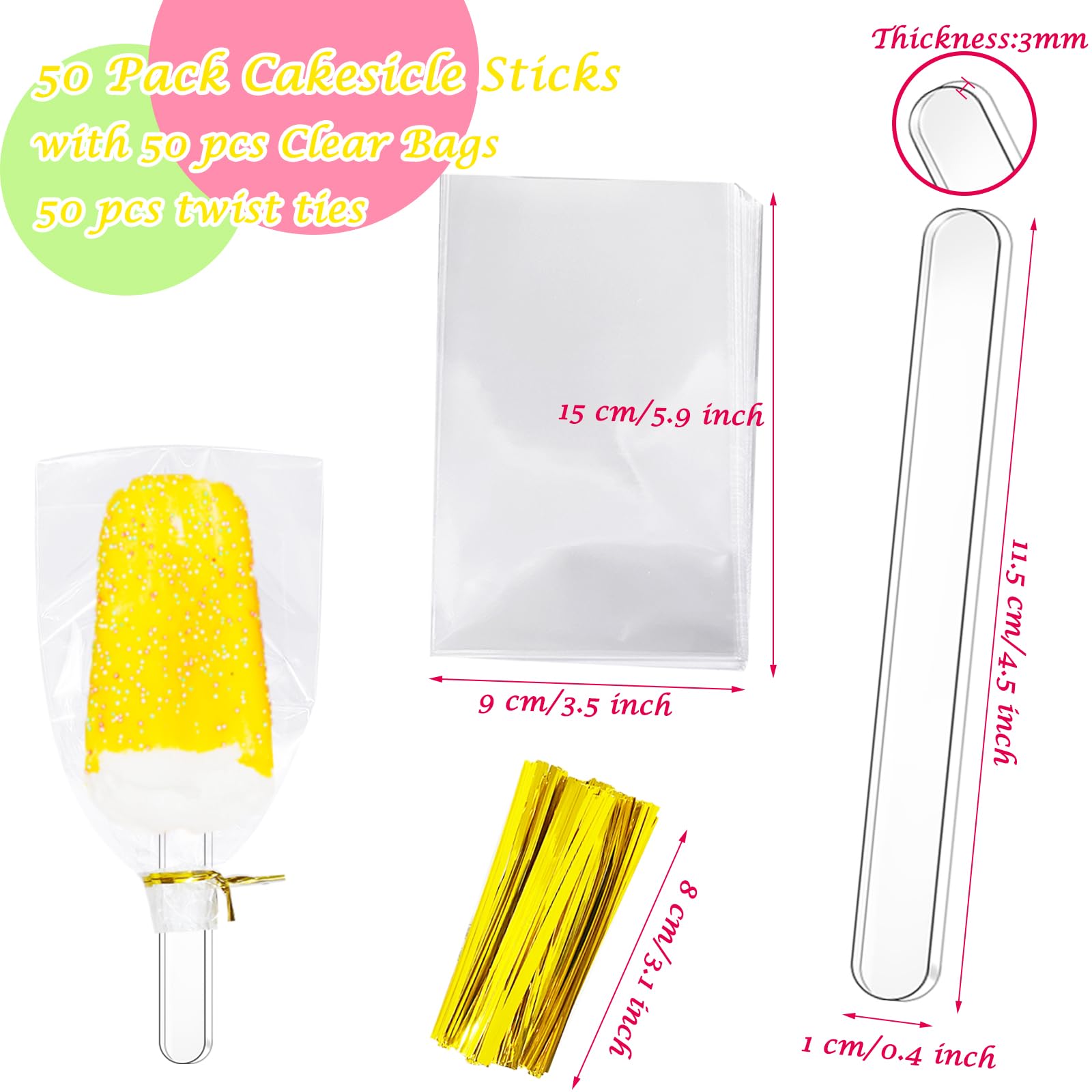 50Pcs Acrylic Popsicle Cakesicle Sticks and Wrappers Set,Reusable Ice Cream Sticks for Homemade Cake Pop,Dessert,DIY Art Crafts,Transparent,4.5 Inch