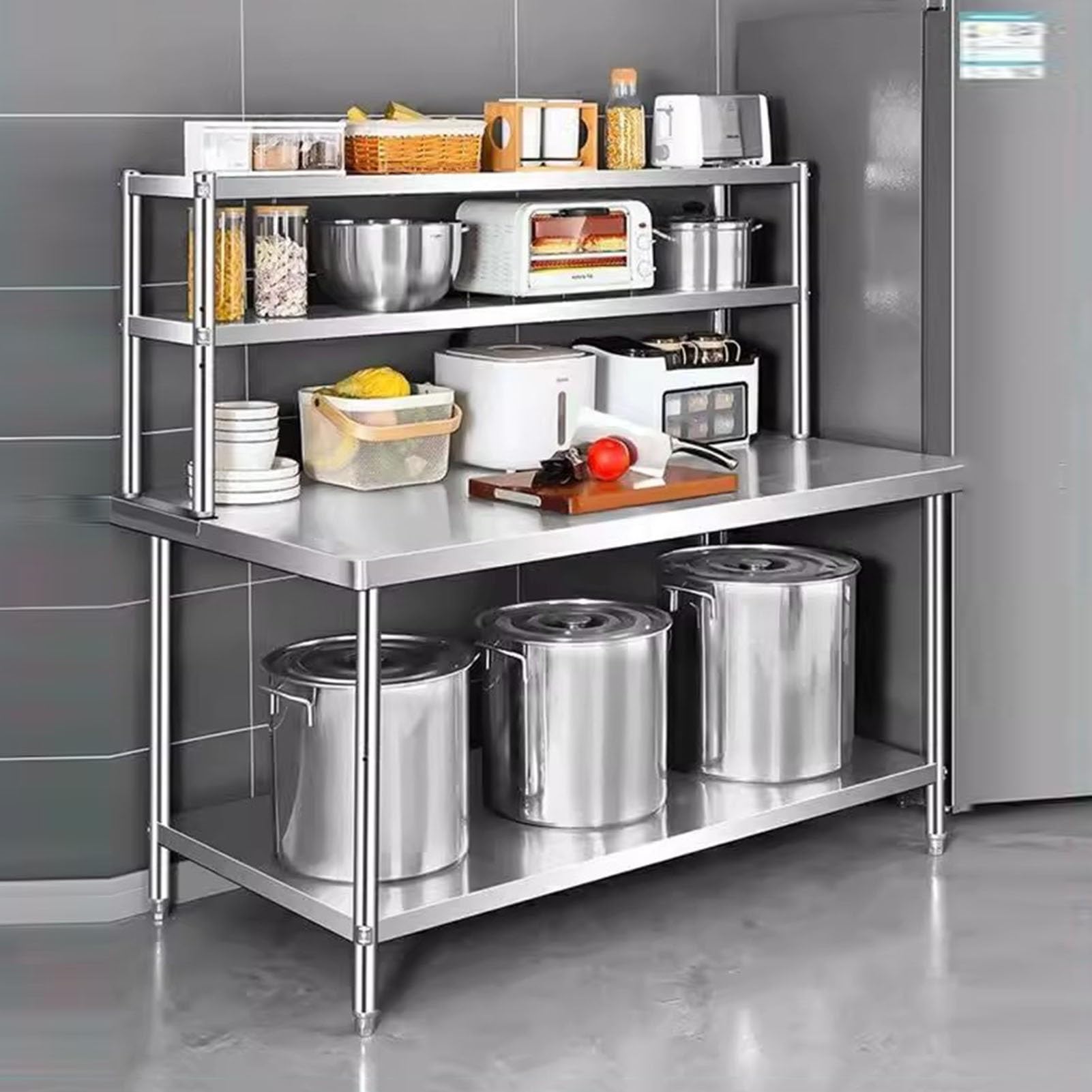 Cocina Comercial Encimera Acero Mesa Preparación Estante Inferior Trabajo Ajustable Estante Acero Inoxidable Alta Resistencia Doble Nivel Tienda Té Leche Encimera(B-Silver,180x80x80cm)
