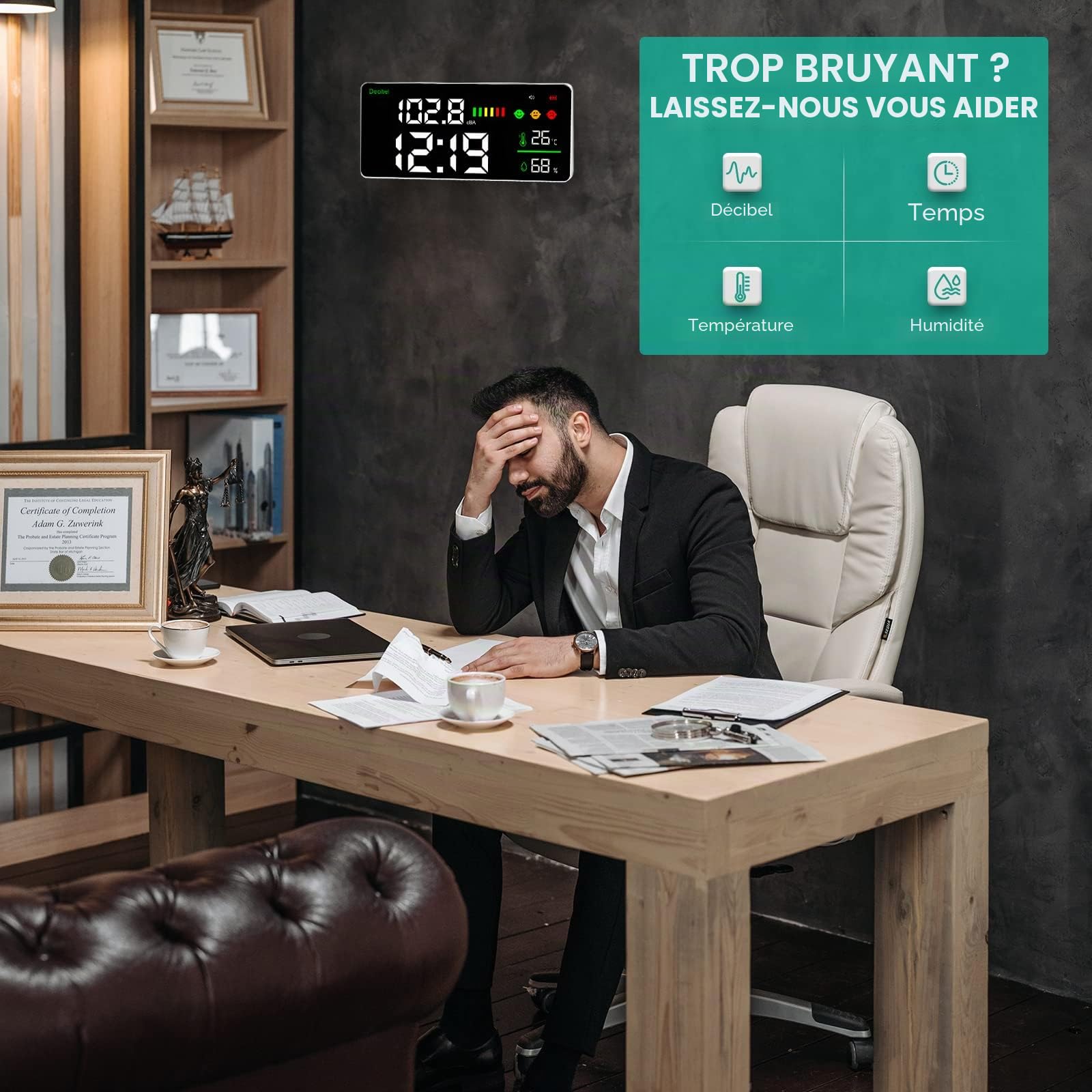 Sonomètre Mural, Grand écran LCD Décibelmètre 30-130 dB, Mesure de Température, Humidité, Décibel Avec Alarme, Moniteur de Bruit Pour Salle de Classe d'usine à Domicile