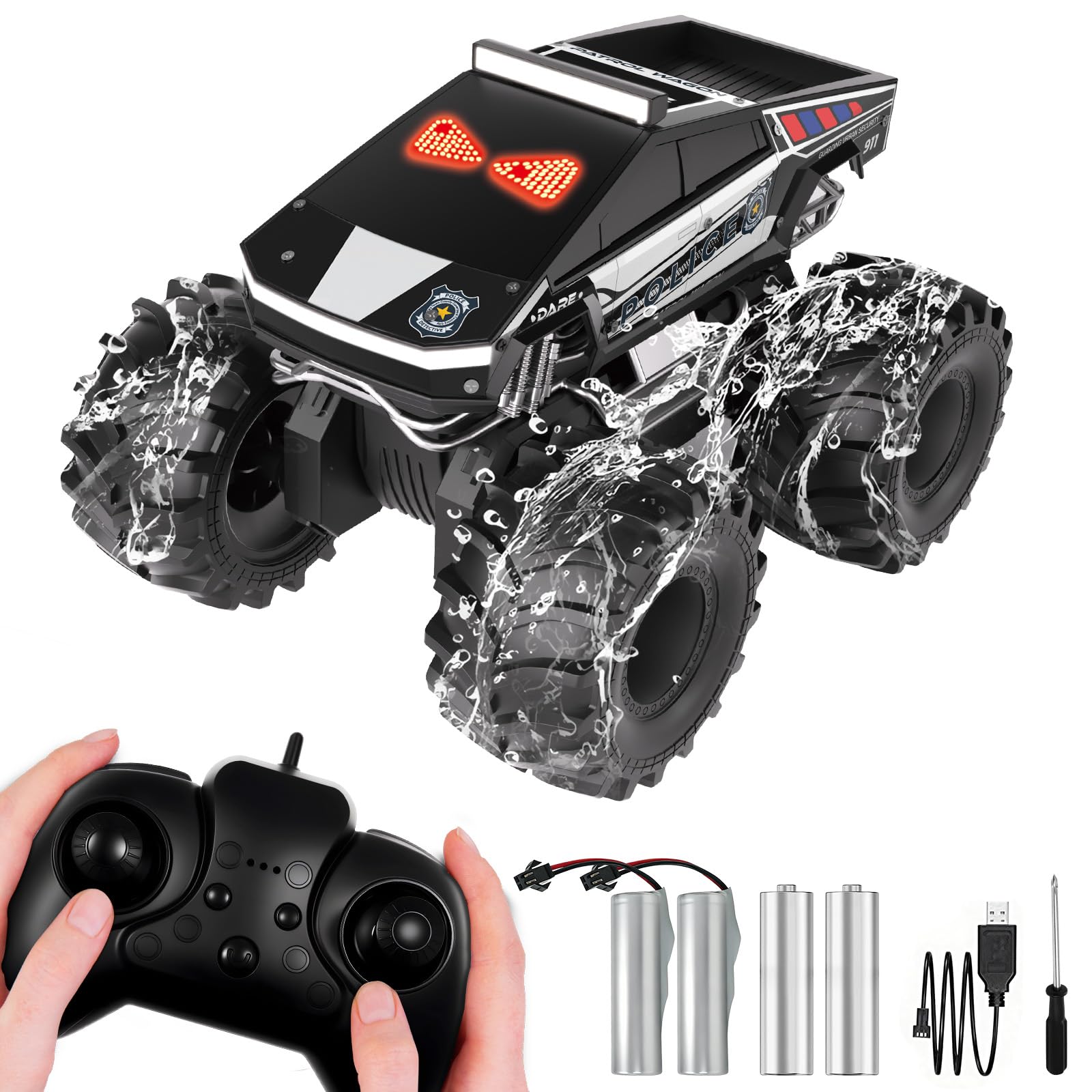 Police Remote Control Car with LED Dynamic Eyes, 1:18 Amphibious RC Cars, 4WD All Terrain Pickup, 2.4GHz Waterproof Cyber Truck, 360° Rotatable Monster Truck Toys for Boys Birthday Gifts Age 6 7 8 9+