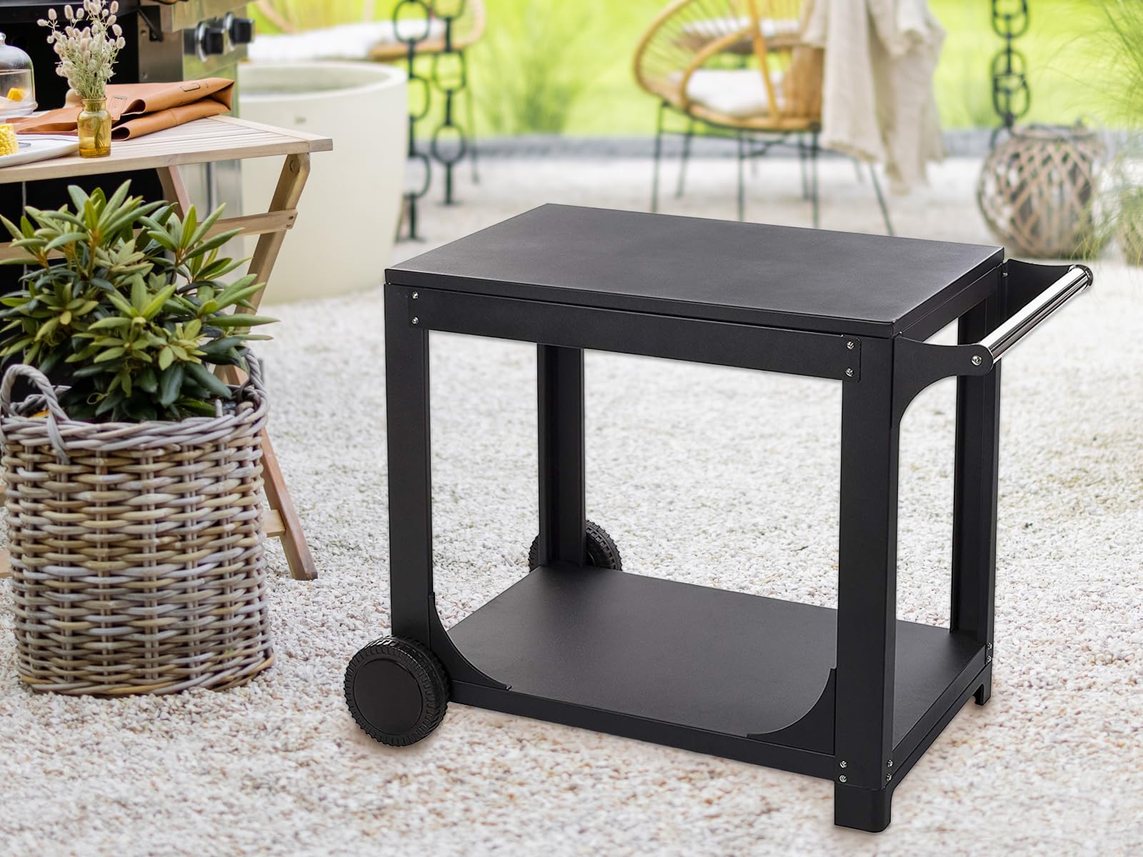 Firefriend BQ-6325 Carro Adecuado para barbacoas de Gas XL BQ-6394 y BQ-6395, Altura de Trabajo óptimo, Acero Inoxidable, Negro, 82 x 44 x 11 cm