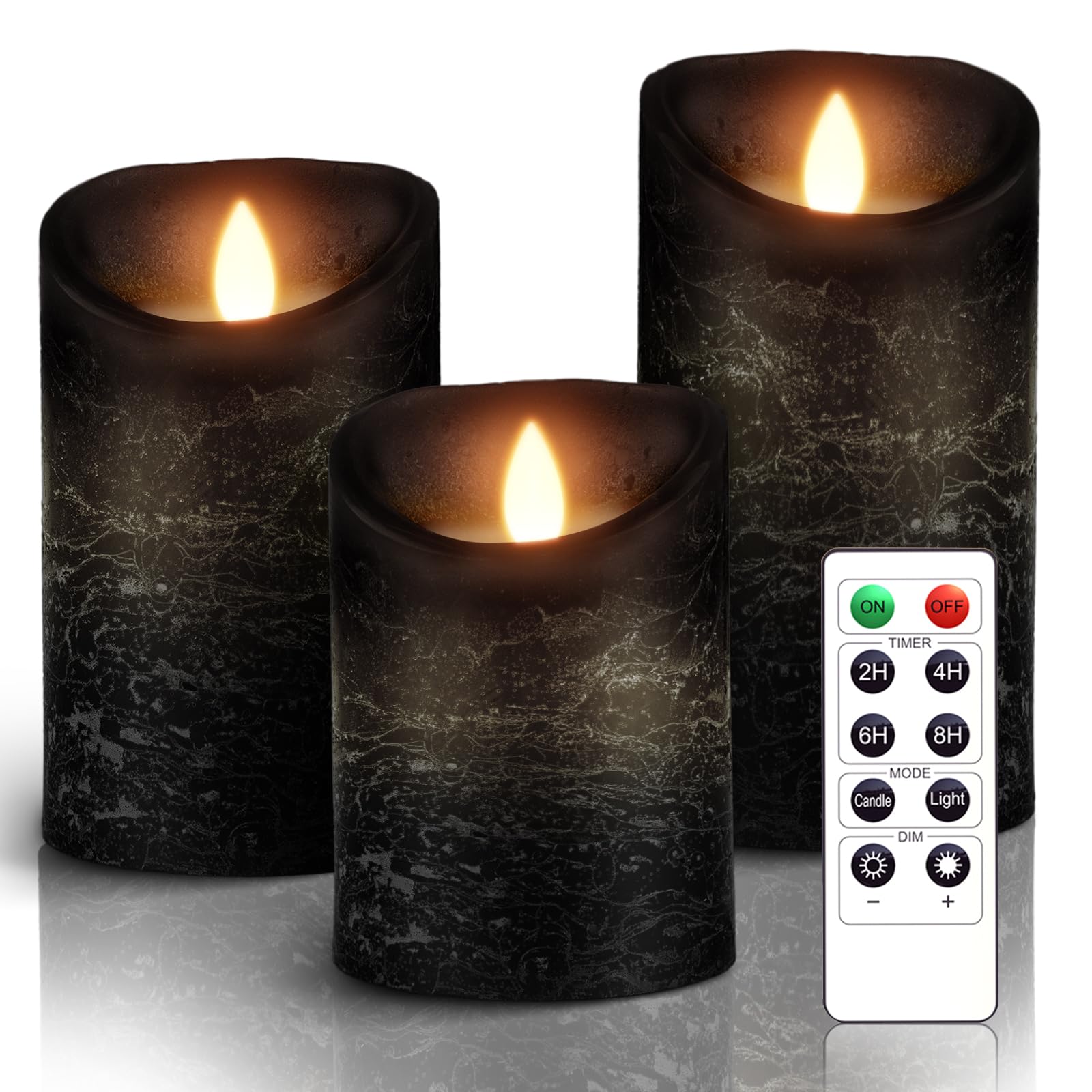 LED Candle [Set of 3] Flameless Candles, Real Wax, Flicker, Dimmable with Remote Control, Christmas Candles, LED Flames, 4/15 Inch Table Decoration for Living Room, Christmas, Wedding, Party (Black) - blackone