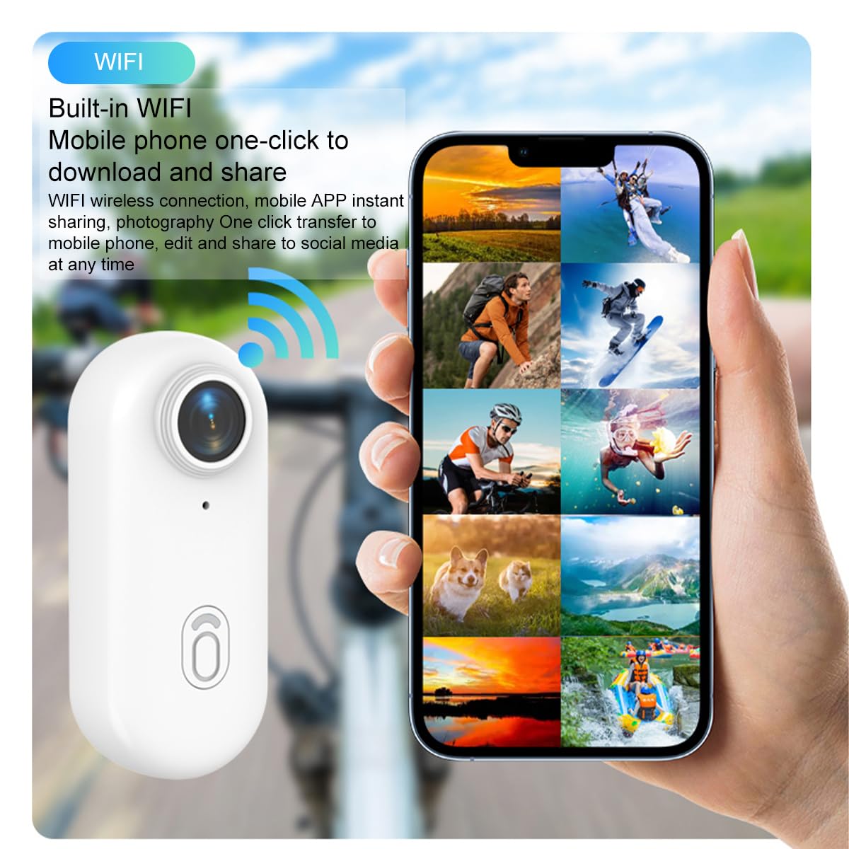 Winnes Mini Camera Sport 1080p WiFi Vlog Camera Vango de 120 °, cámara de Pulgar IP68 Impermeable a 30 m, batería de 800 mAh Adecuada para Bicicletas, esquí, Buceo, Animales (Black)