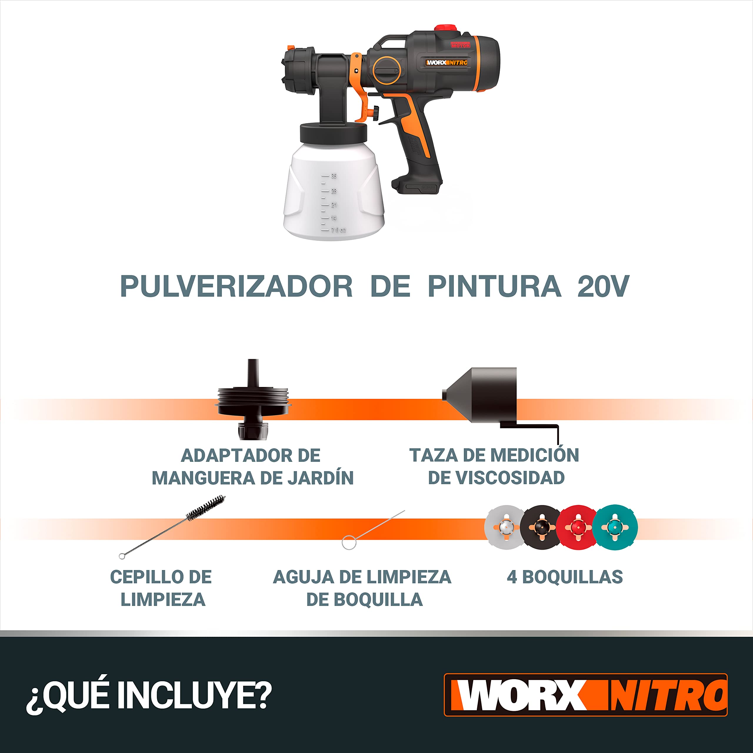WORX WX020.9 Pistola Pulverizadora de Pintura 20V Brushless 20KPa Sin Batería, Boquillas Múltiples para Paredes, Muebles y Exteriores, Tecnología HVLP