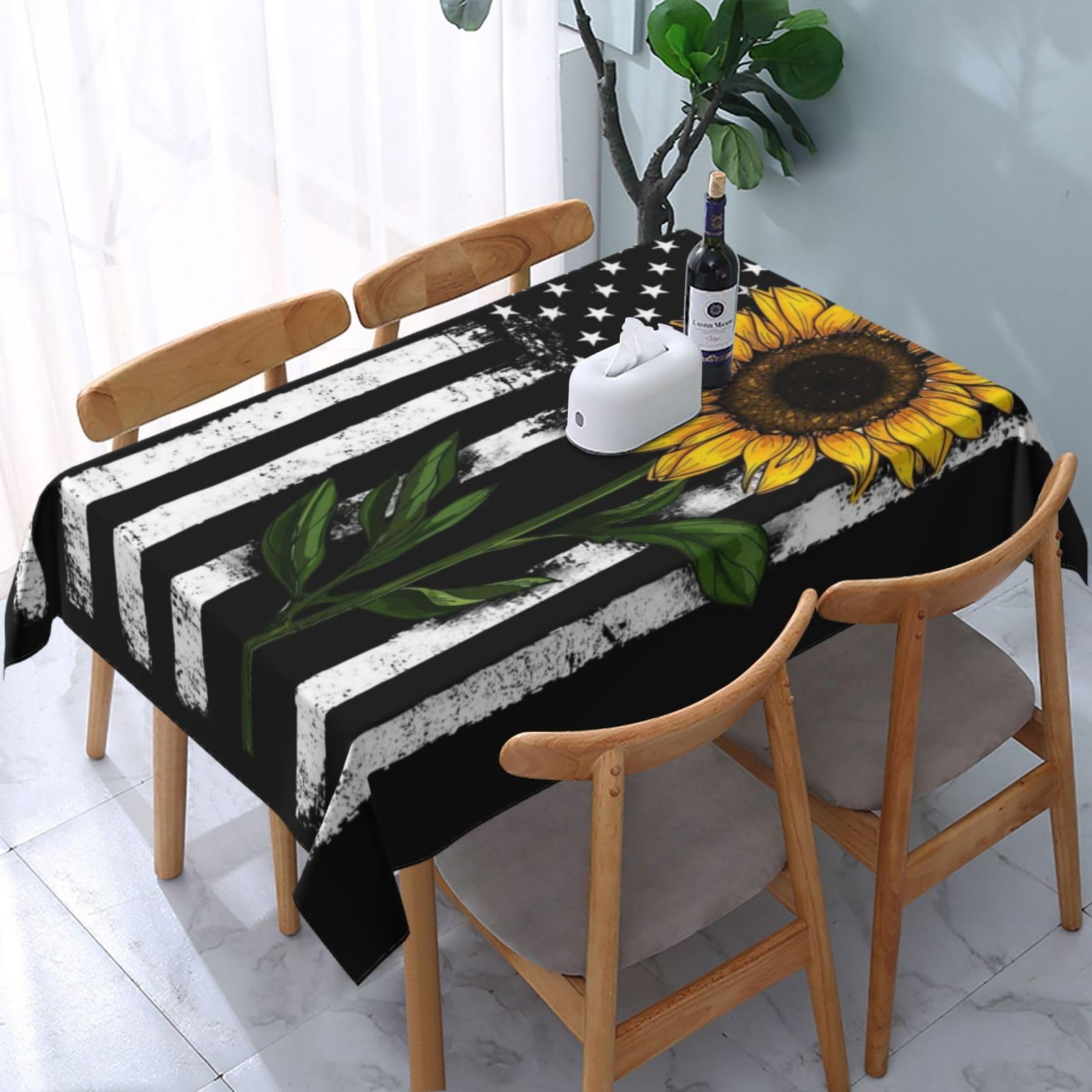 HLBSDM American Sunflower Flag Rectangle Tablecloth, Suitable for Wedding, Party and Restaurant Festival Gathering Event Polyester Fabric Decorative Tablecloth(54x72in)