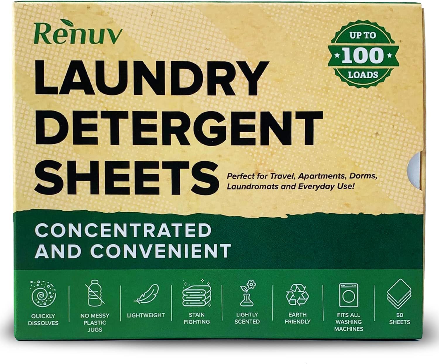 Renuv Eco Friendly Laundry Detergent Sheets, Travel Laundry Soap Sheets for Clothes, Washer Sheets Detergent for Washing Machine and Sink Washing - Up to 100 Loads of Liquidless Strips, 50 Sheets