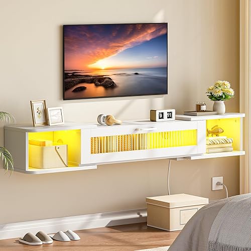 Miniatura 5 de HOOBRO Soporte de TV flotante con toma de corriente de luz LED para hasta 65 pulgadas, estante de TV montado en la pared, centro de entretenimiento