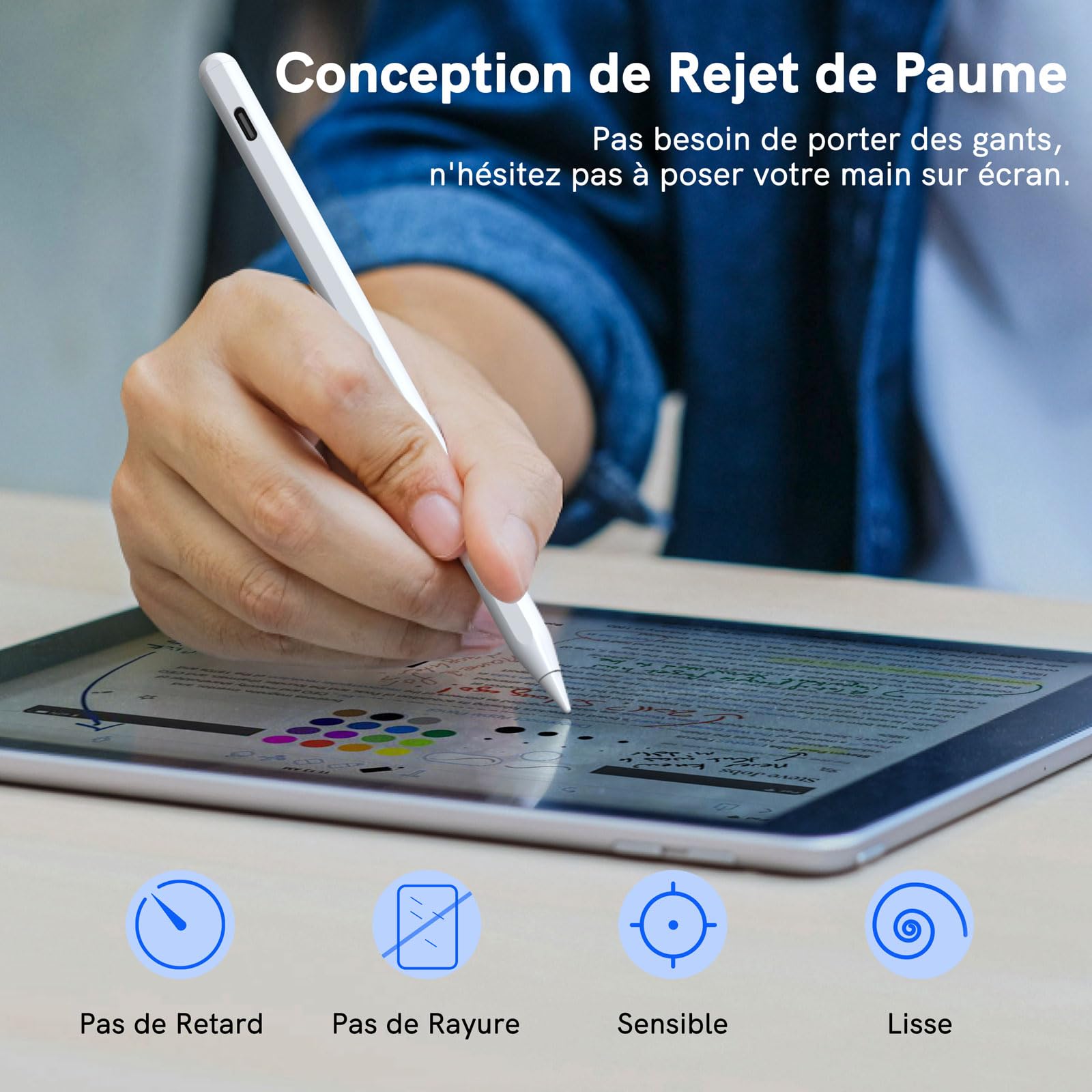 Stylet iPad Chargement Sans Fil, Stylus Pen avec Rejet de Paume, Crayon Compatible iPad 6/7/8/9/10, Pro 11" 4/3/2/1, 12,9" 6/5/4/3, Air 3/4/5, Mini 5/6