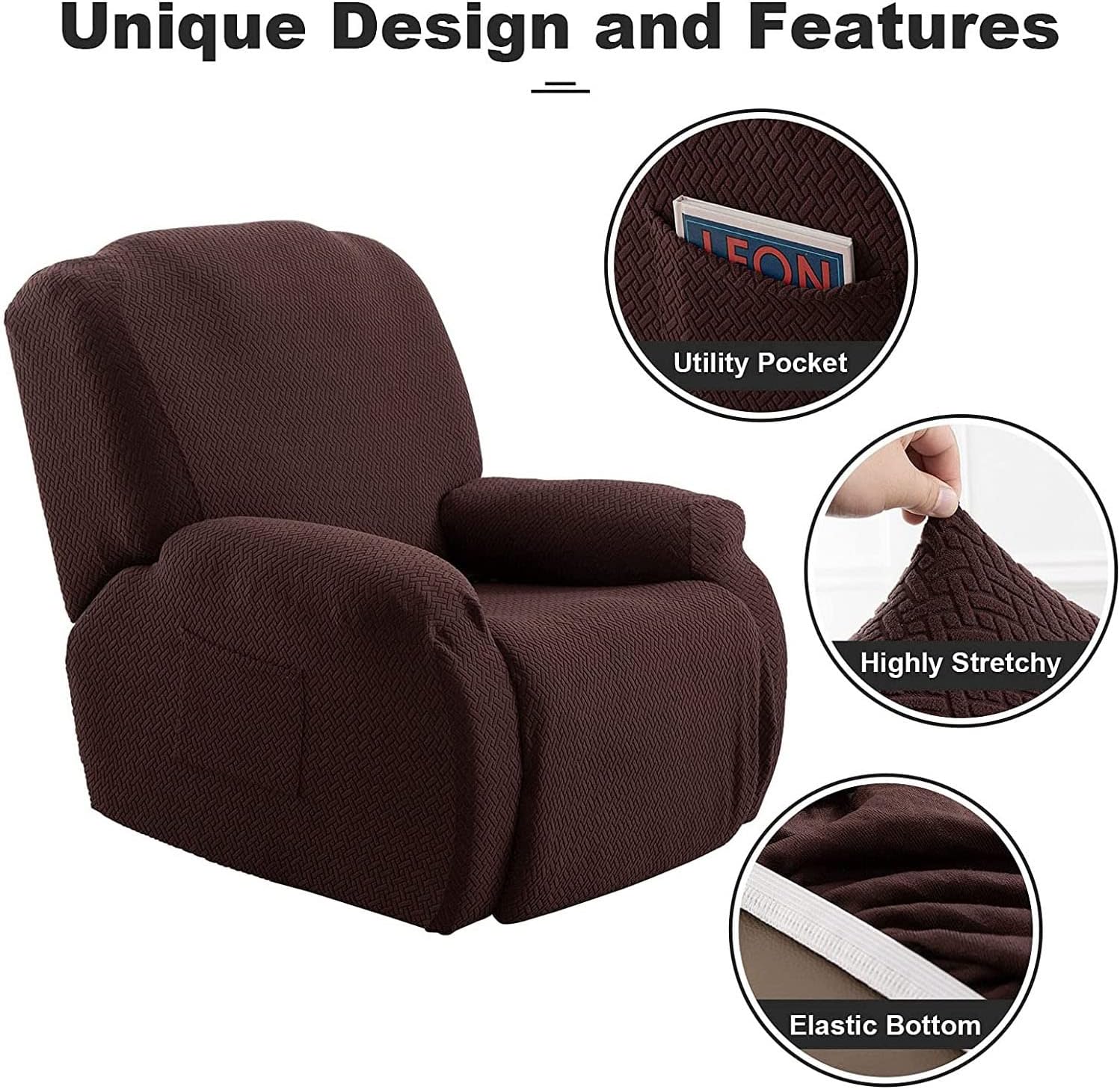 Recliner Chair Covers 1 seat, four-piece recliner chair covers for reclining chair slipcover anti-Slip with side pockets recliner Cover sofa cover Armchair Covers suitable ( Color : Dark coffee )