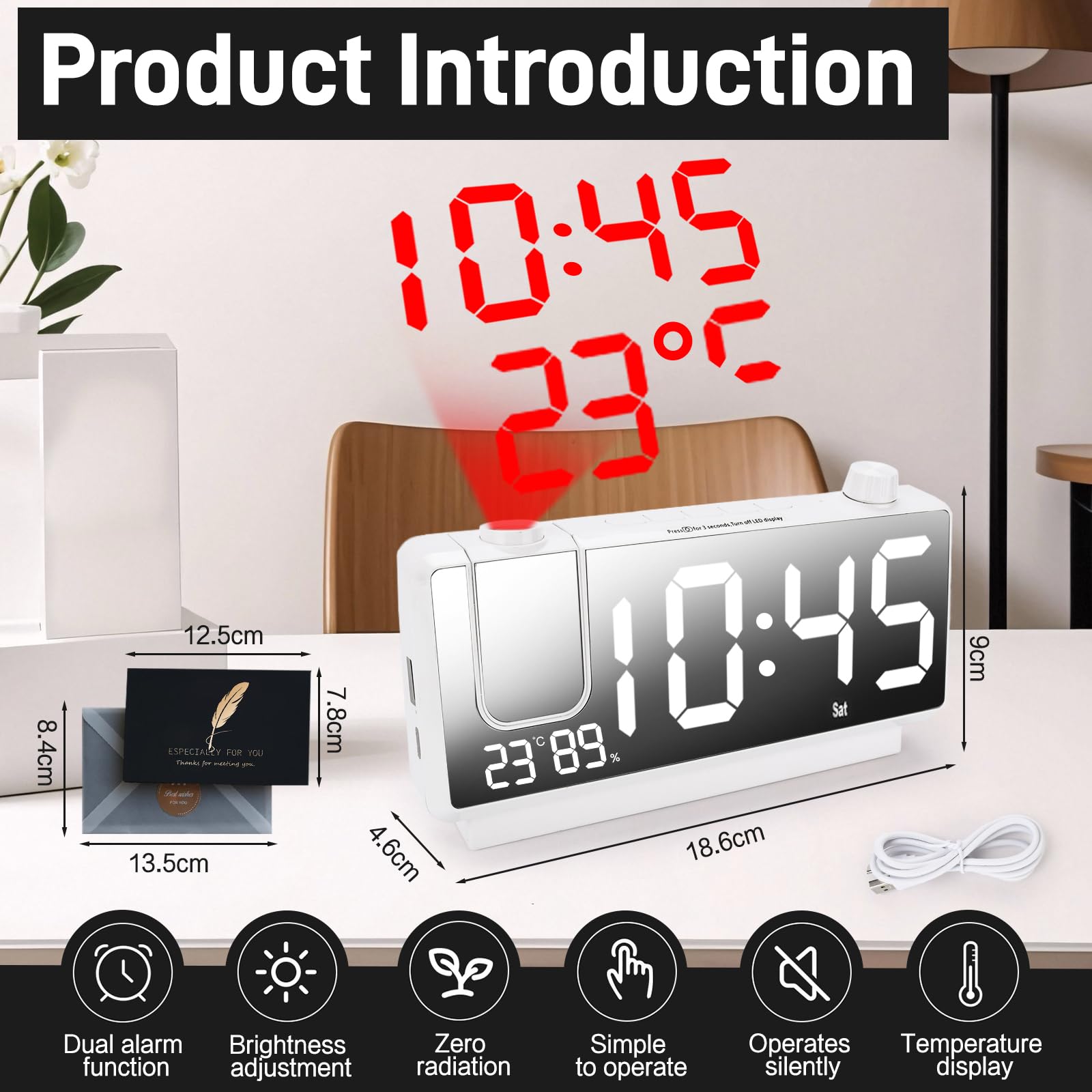 Reloj Despertador Digital con Proyector, Reloj Proyector Techo con LED de 7,4", 180°, Doble USB, Temperatura y Humedad, 3 Brillo, 12/24H, Snooze, para Dormitorio Infantil Niños(Blanco)
