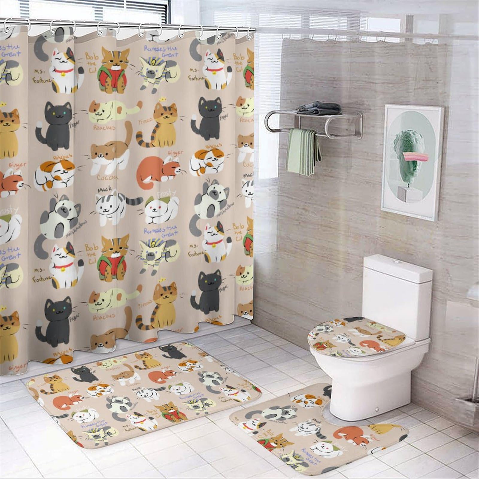 JZemdybill Bathroom Mat Set 4 Piece, Cute Cat Shower Curtain with Non-Slip Bath Mats for Bathroom