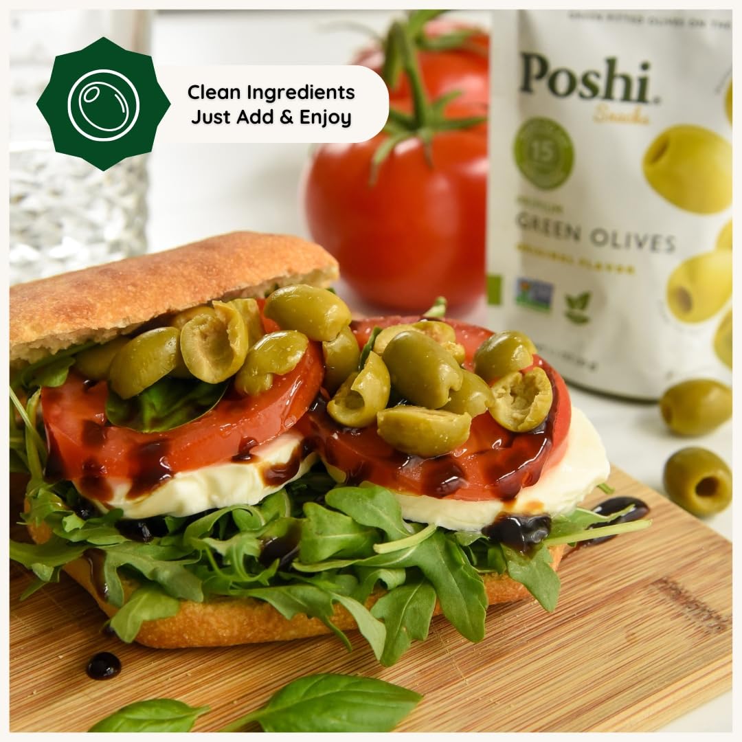 Poshi Green Olives On-The-Go - Original Flavor - Single Serve Pitted Olives - Convenient and Healthy Snack Packs - All Natural, Non-GMO, Kosher, Gluten-Free - 1.1 Oz Bags (30/Pack)