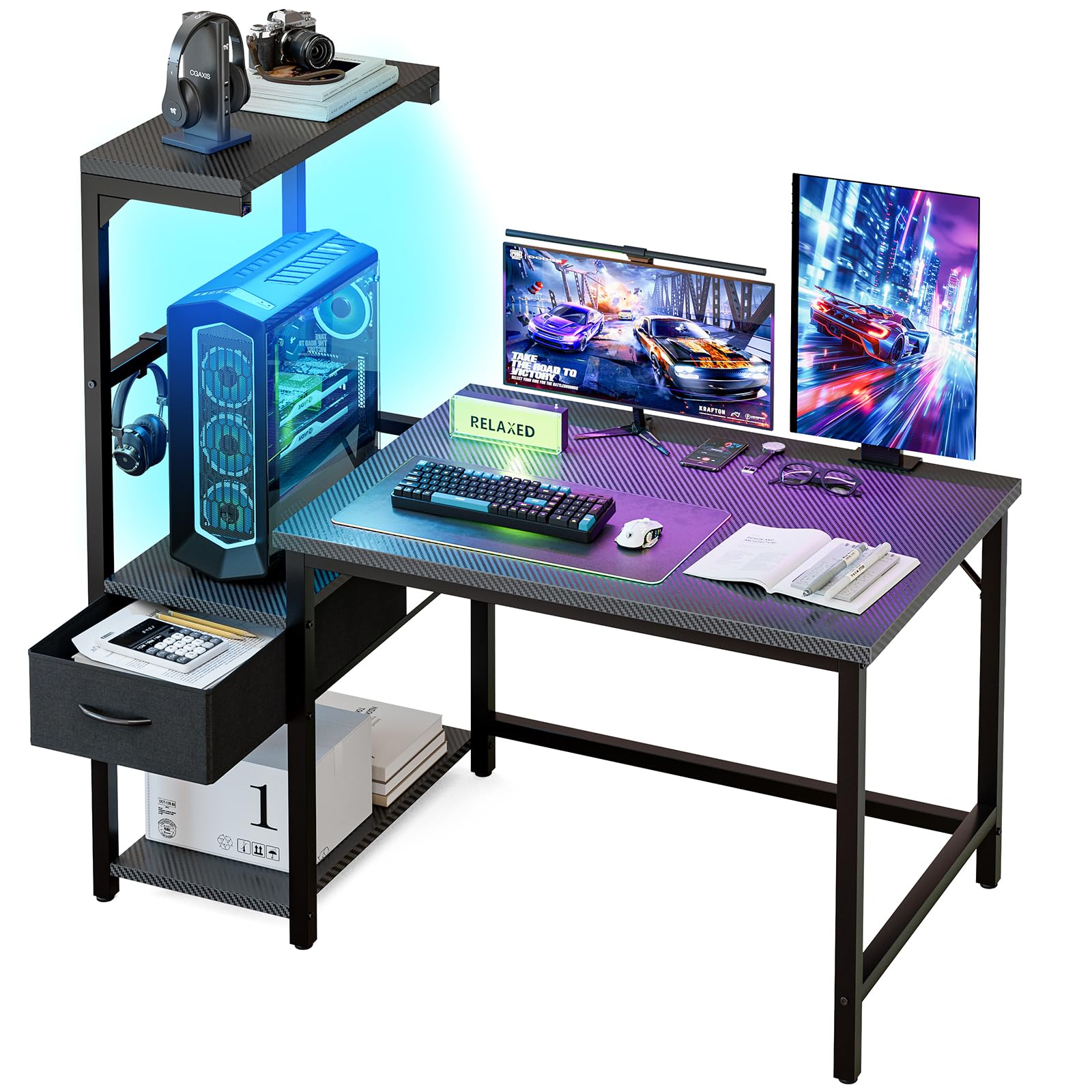 Grandder Gaming Desk 41 Inch with CPU Stand and LED Light, Computer Desk with Reversible Shelves and Storage Drawer, Pc Small Desk for Home Office Table with Bag, Carbon Fiber Black