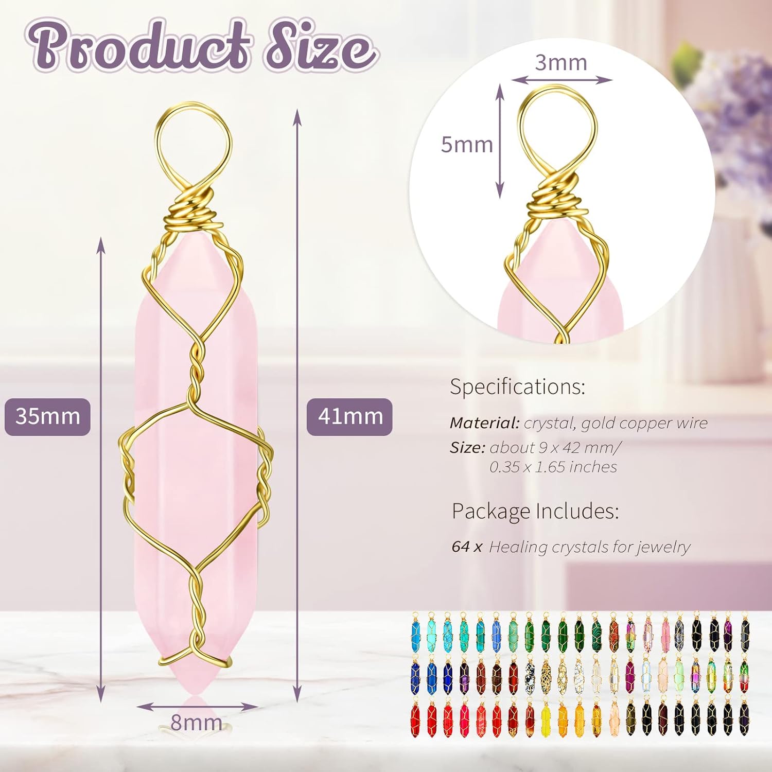 Kigeli 64 Pcs Christmas Hexagonal Natural Crystal Pendant Gemstone Pointed Quartz Stone Pendants Bulk for Necklaces Jewelry Making DIY Craft Women Friends Gift - Image 2