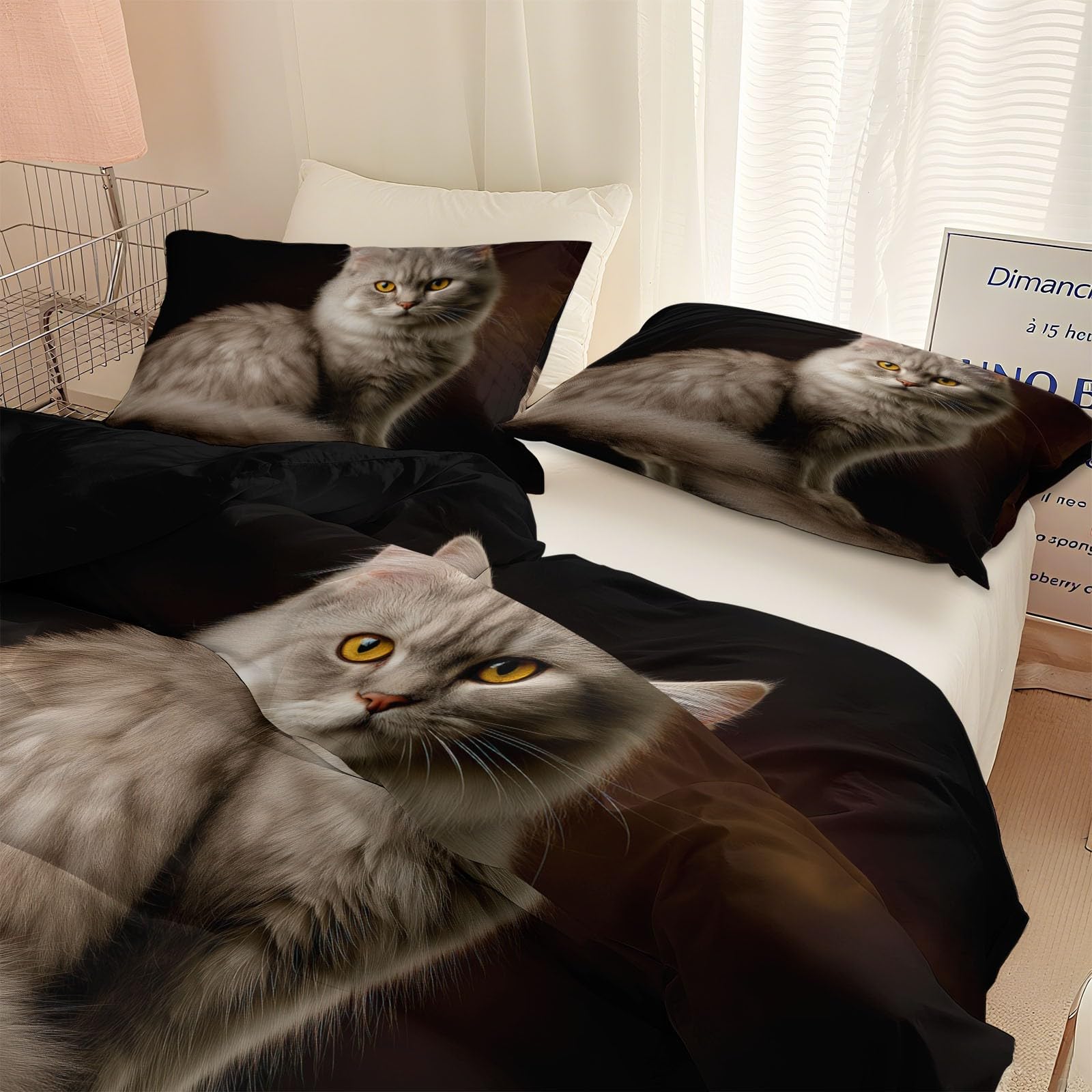 Générique Pościel dziecięca 140 x 200 cm Animal Maine Coon Poszwa na kołdrę Miękka i oddychająca mikrofibra, czarna pościel 1 osoba zapinane na zamek poszewki na poduszki 65x65cm