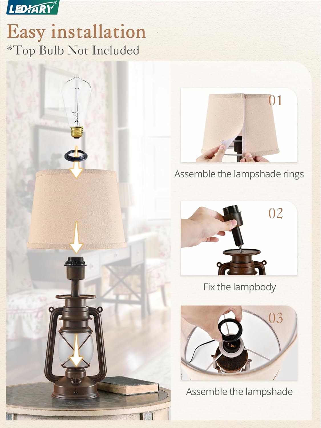 LEDIARY 18.72" Blow-Controlled LED Lantern Flickering Flame Table Lamps for Bedrooms Set of 2, Small Farmhouse Rustic Bronze End Table Lamps, Halloween Decorative Lantern Bedside Lamps for Living Room