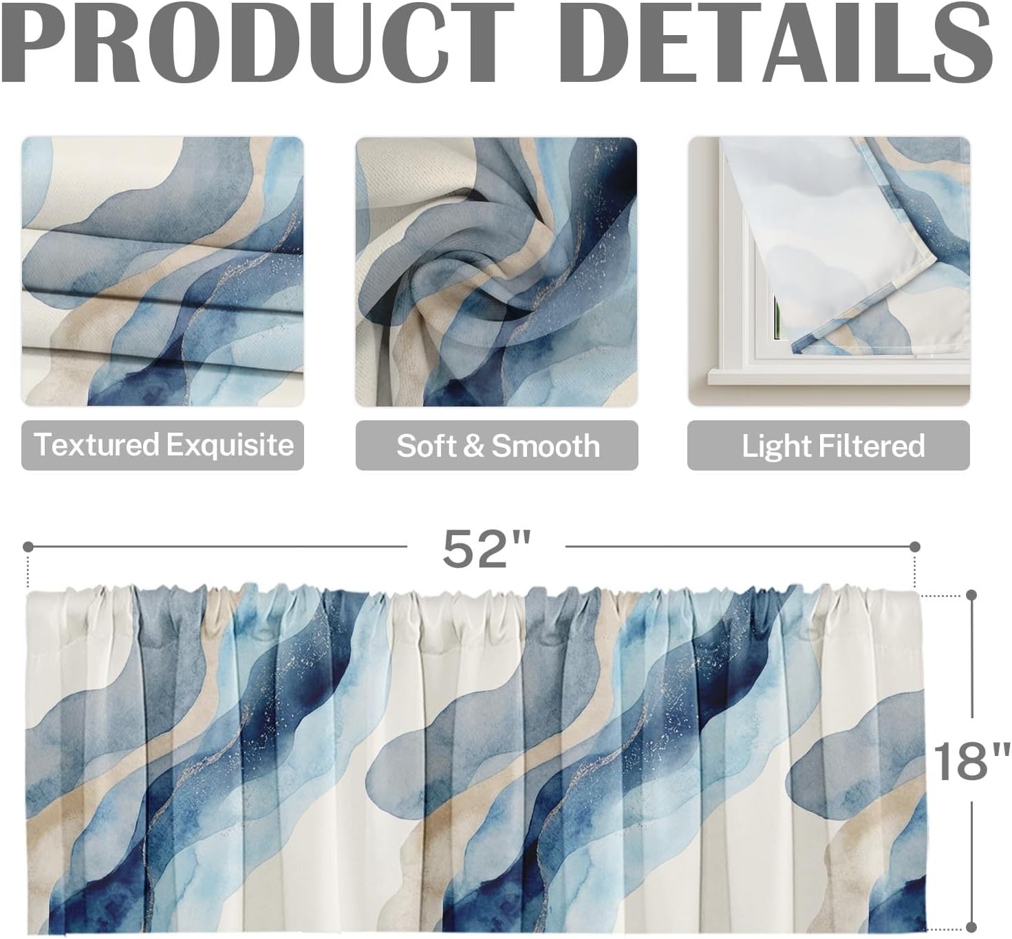 Emvency Valances for Windows, 2 Pack, 52x18 Inch, Marble Abstract