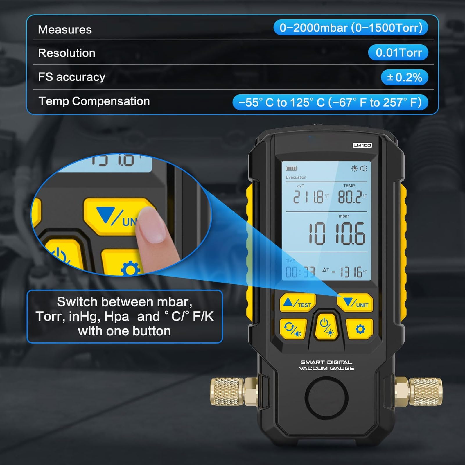 Fyearfly Medidor de vacío 0-2000mbar 2.8 pulgadas 0.2% precisión refrigerante fugas