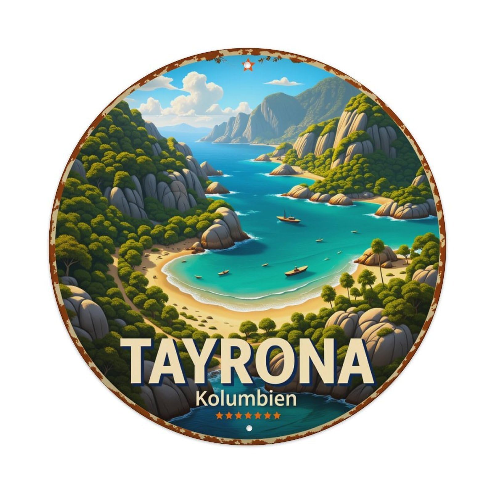 Tropical Beach Landscape Mountains Boat Round Tin Sign Vintage Metal Poster Retro Bar, Home, Man Cave, Kitchen, Laundry Room Wall Art Decor Gift 8x8Inch
