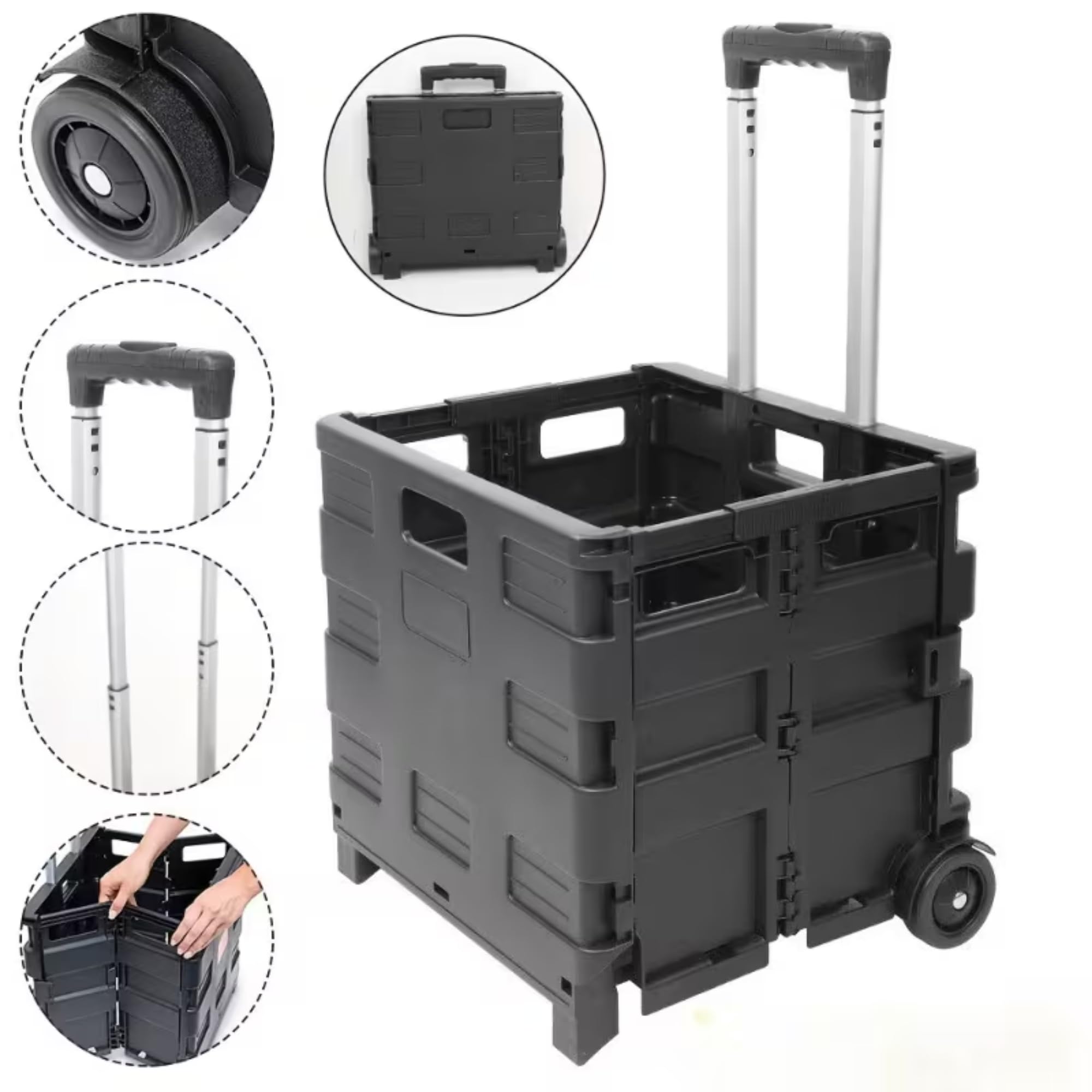 Pack de 2 Caja Plegable con Ruedas Multiusos | Carrito Compra Resistente 25kg | Cesta con Ruedas para uso Camping o Reciclaje | Ocupa poco espacio
