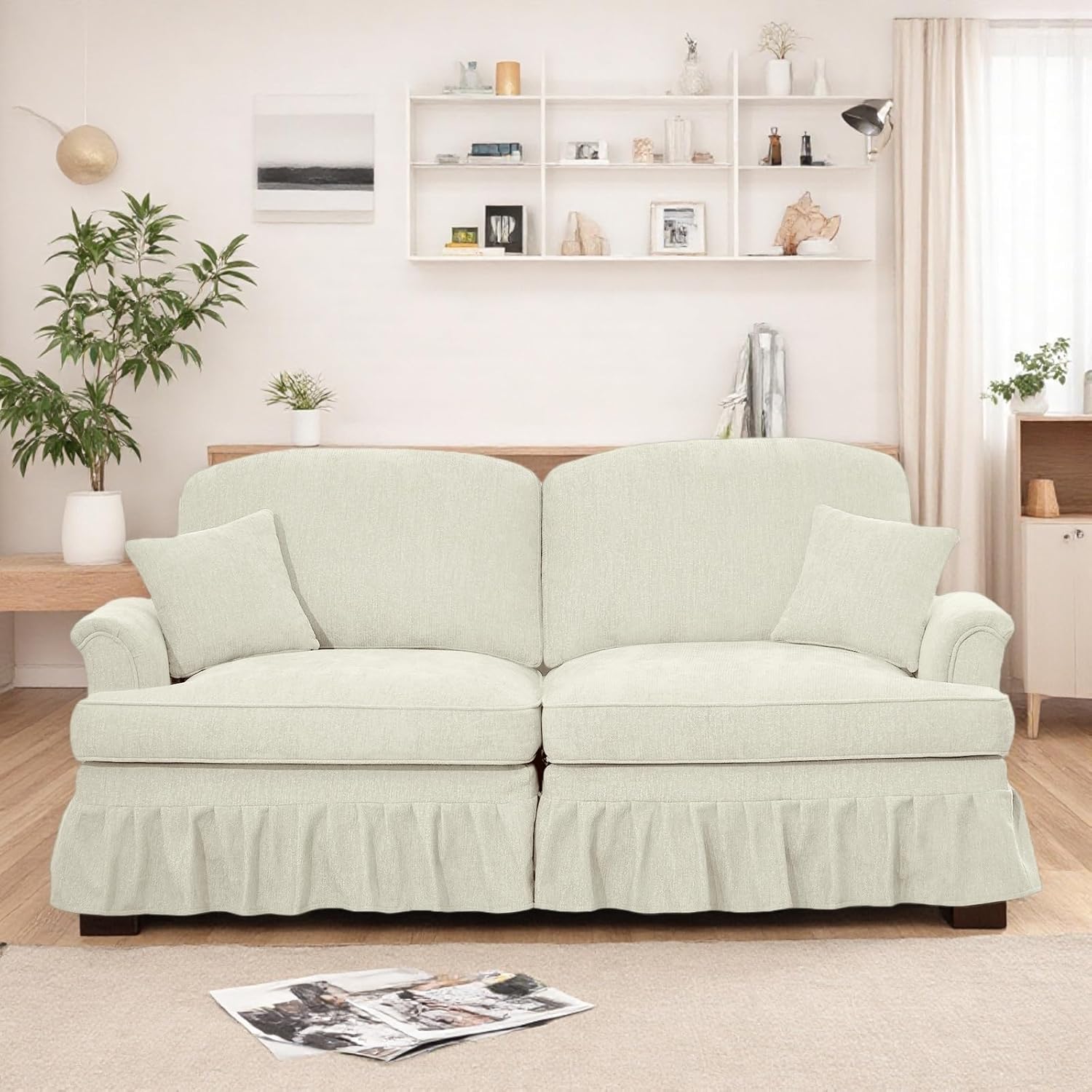 Oversized Large Two Seater Sofa, Comfy Chenille Love Seat Couch with Removable Ruffles Pleats & Large Petal-Shaped Armrests, Elegant Mid Century Convertible Sofa with Spindle Legs, Beige White