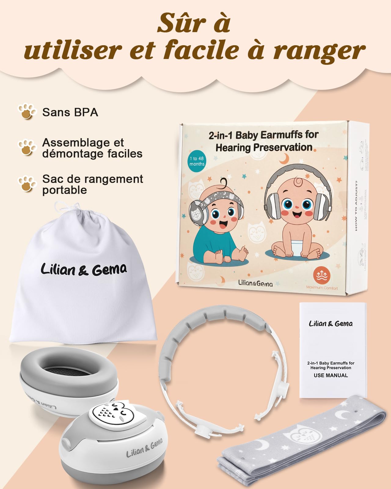 Lilian&Gema Bambino 2 in 1 Casco Anti Rumore Regolabile Casco Bambino Anti Rumore, Casco Anti Rumore Bambino per Meno di 48 Mesi, Sonno e Attività, Protezione Uditiva Per Bambini