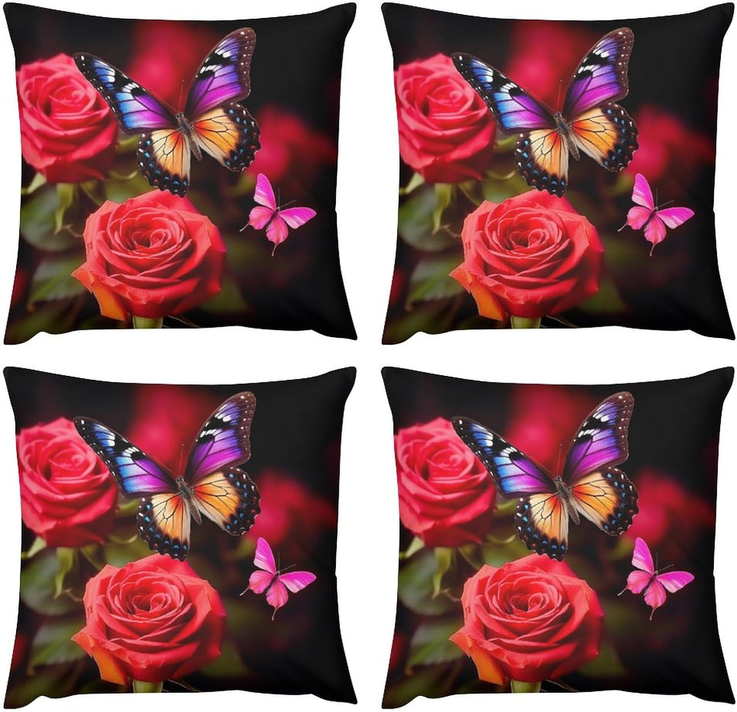 Zippered Pillow Cover, Pillow Protector, Butterfly and Rose Printed Pillow Cover of 4, Pillow Not Included