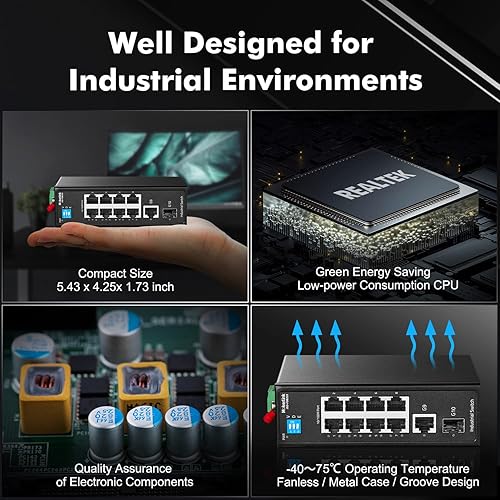 Miniatura 5 de MokerLink Interruptor de carril DIN industrial de 10 puertos, 8 puertos 100Mbps, 1 Gigabit Ethernet y 1 SFP Uplink, riel DIN y montaje en pared