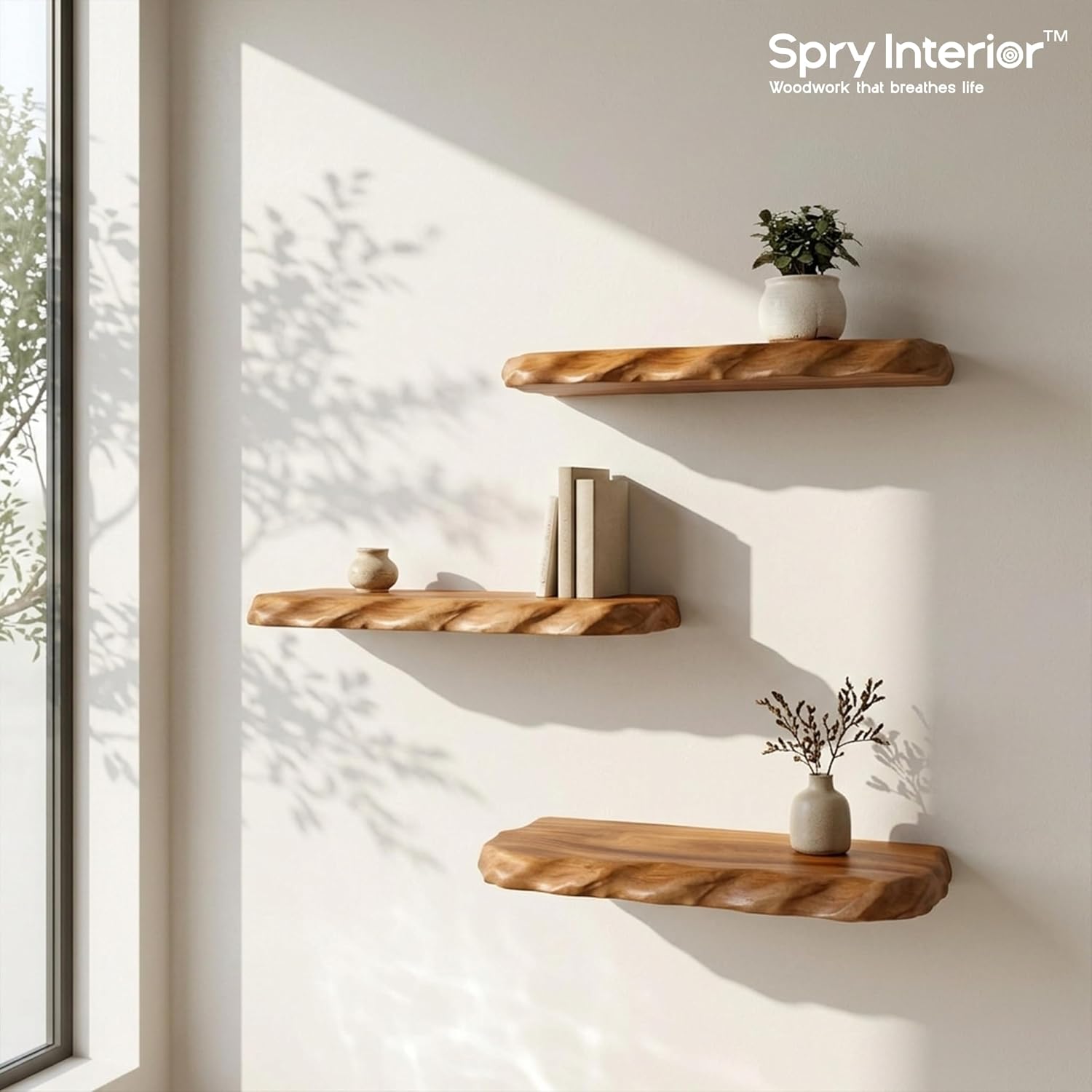 Live Edge Floating Shelf 16” – Solid Wood Wall Shelf, Hidden Bracket, Bathroom Bedroom Decor, Scandinavian Boho Rustic