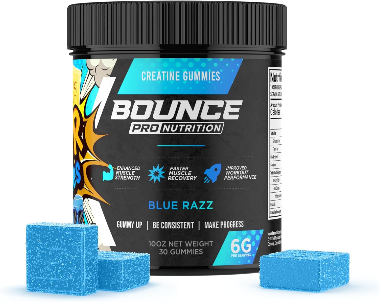 Bounce Pro Creatine Monohydrate Gummies for Men & Women, Low Calorie, 6G of Creatine per Serving, Vegan, Anti-Melting, Gluten-Free, Non-GMO, 2g of Creatine per Gummy (30ct, Blue Razz)