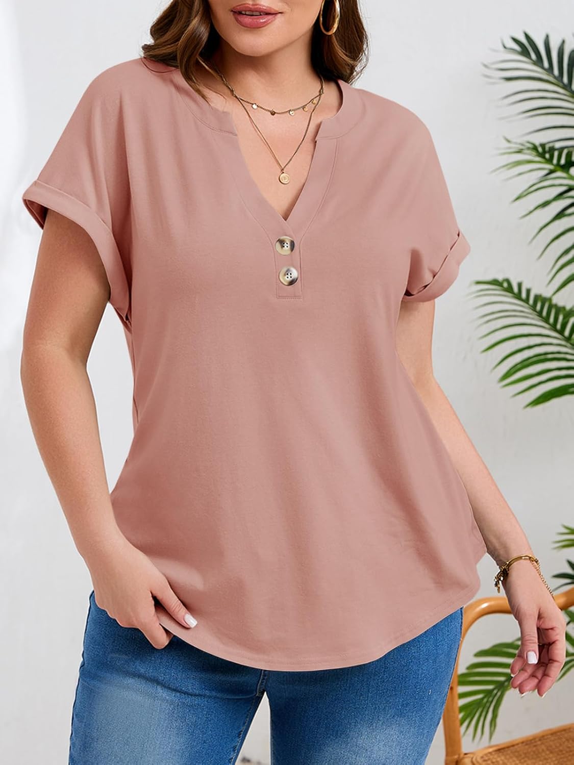 Beautife Womens Plus Size Short Sleeve Henley Tops Summer Button V Neck Blouses 2026 Dressy Casual Loose T Shirts - Image 3