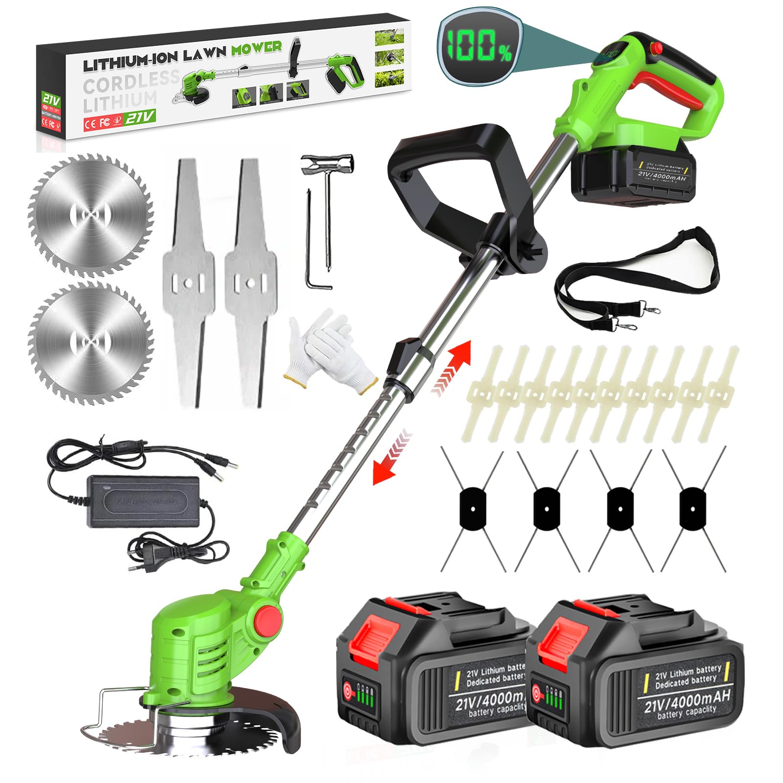 Desbrozadora Bateria 21V Desbrozadora Electrica con 2 4.0Ah Baterías y 4 Cuchillas, Cortabordes Bateria 4 en 1 con Mango Retráctil y Rotación de Cabezal de 90° para Césped Jardín Poda,Green