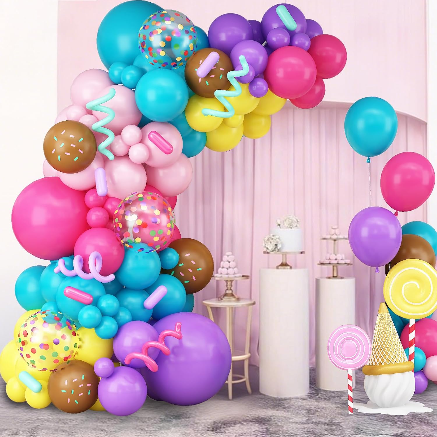 Rainbow Colorful Balloons Arch for Candy Sweet One Two Donut Grow Up Ice Cream Birthday Party Decorations Pastel Purple Pink Blue Yellow Brown Confetti Latex Balloons Garland with Long Balloon - Image 7