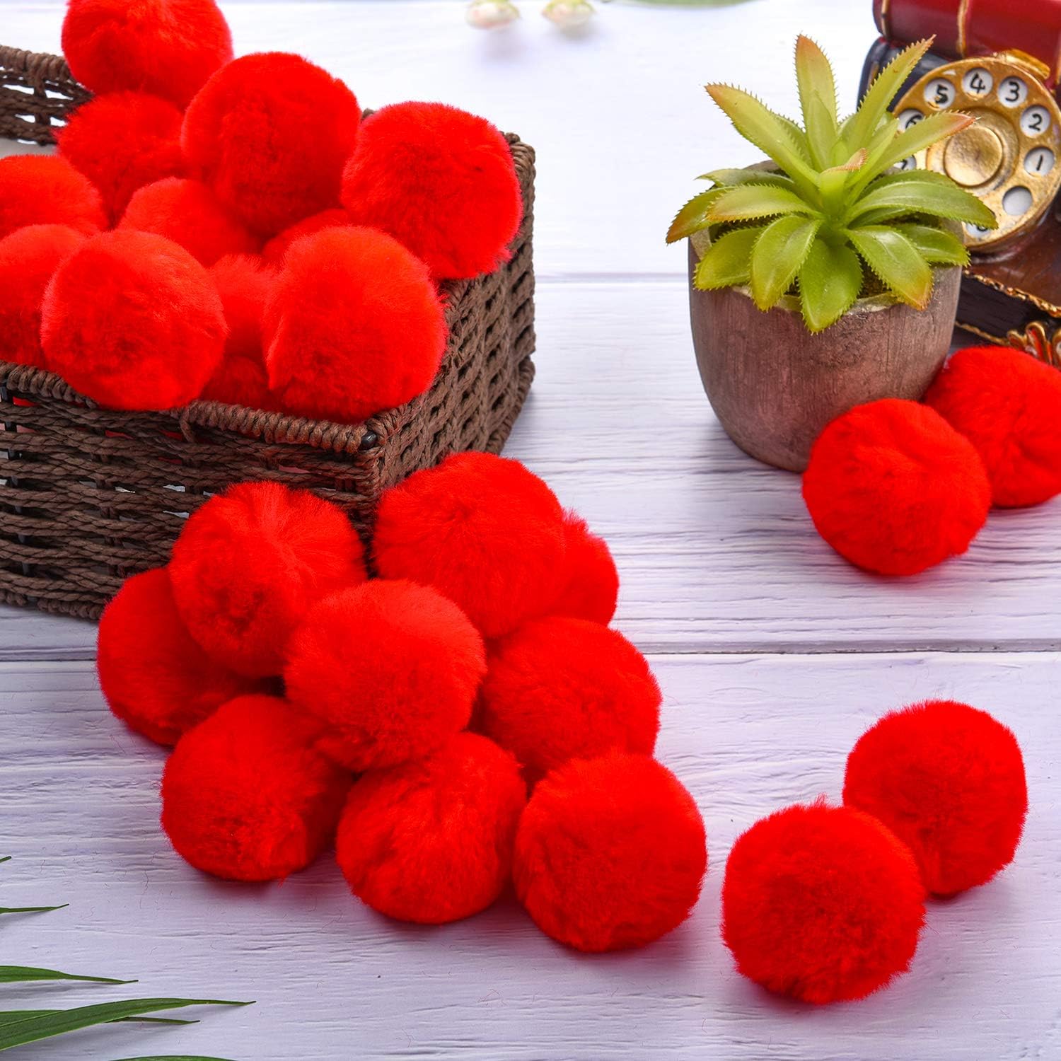 Red Pom Poms Christmas Faux Fur Pompom Ball Acrylic Large Red Pompoms Crafts Holiday Pom Balls Fluffy Plush Pompom for DIY Christmas Costume Supplies Party Decorations, 2 Inches (50 Pieces)