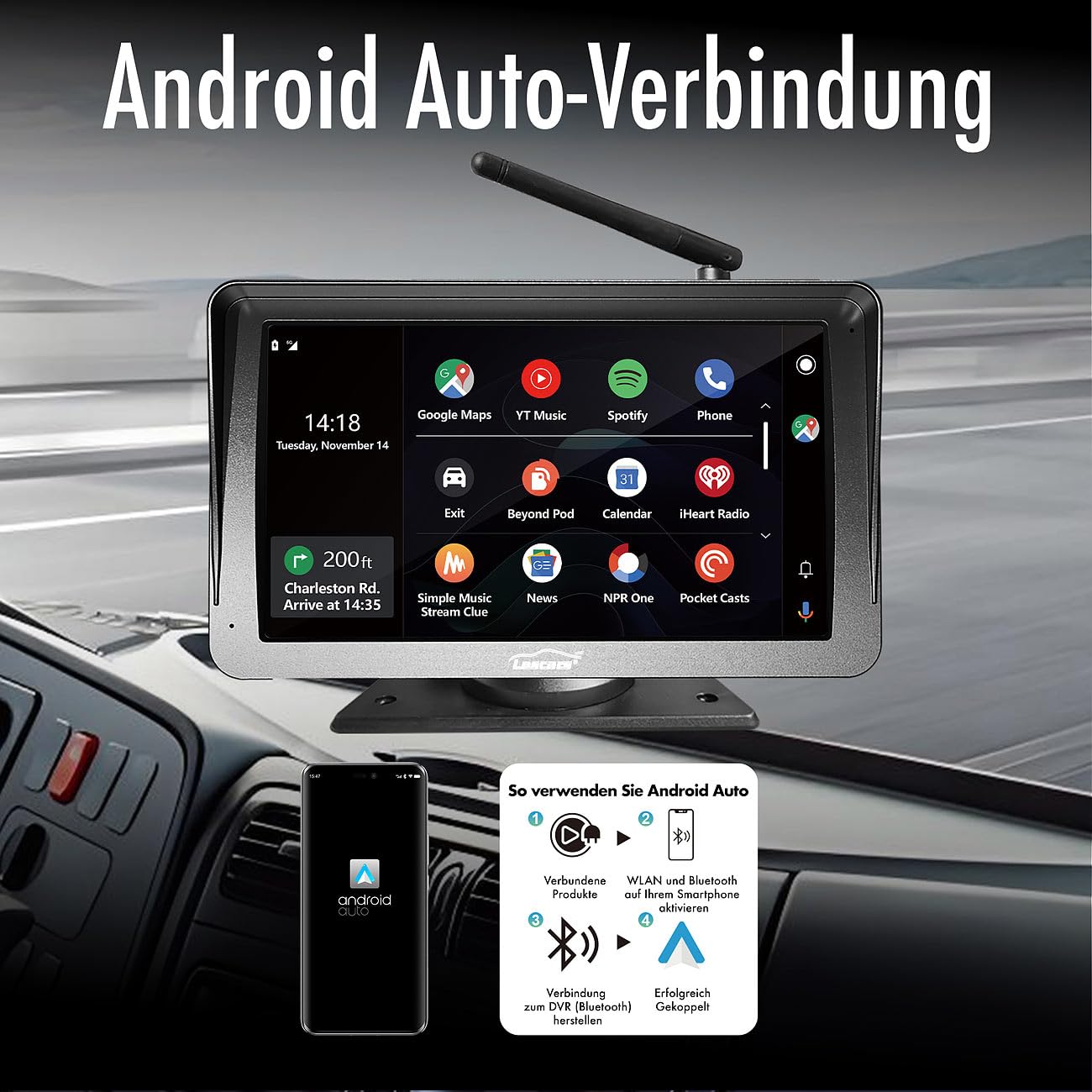 Lescars Einparkhilfe: Kabelloses Solar-Funk-Rückfahrkamera-Set, CarPlay-/Android-Auto-komp. (Abstandssensor & Rückfahrkamera, Carplay kompatible, Navi)