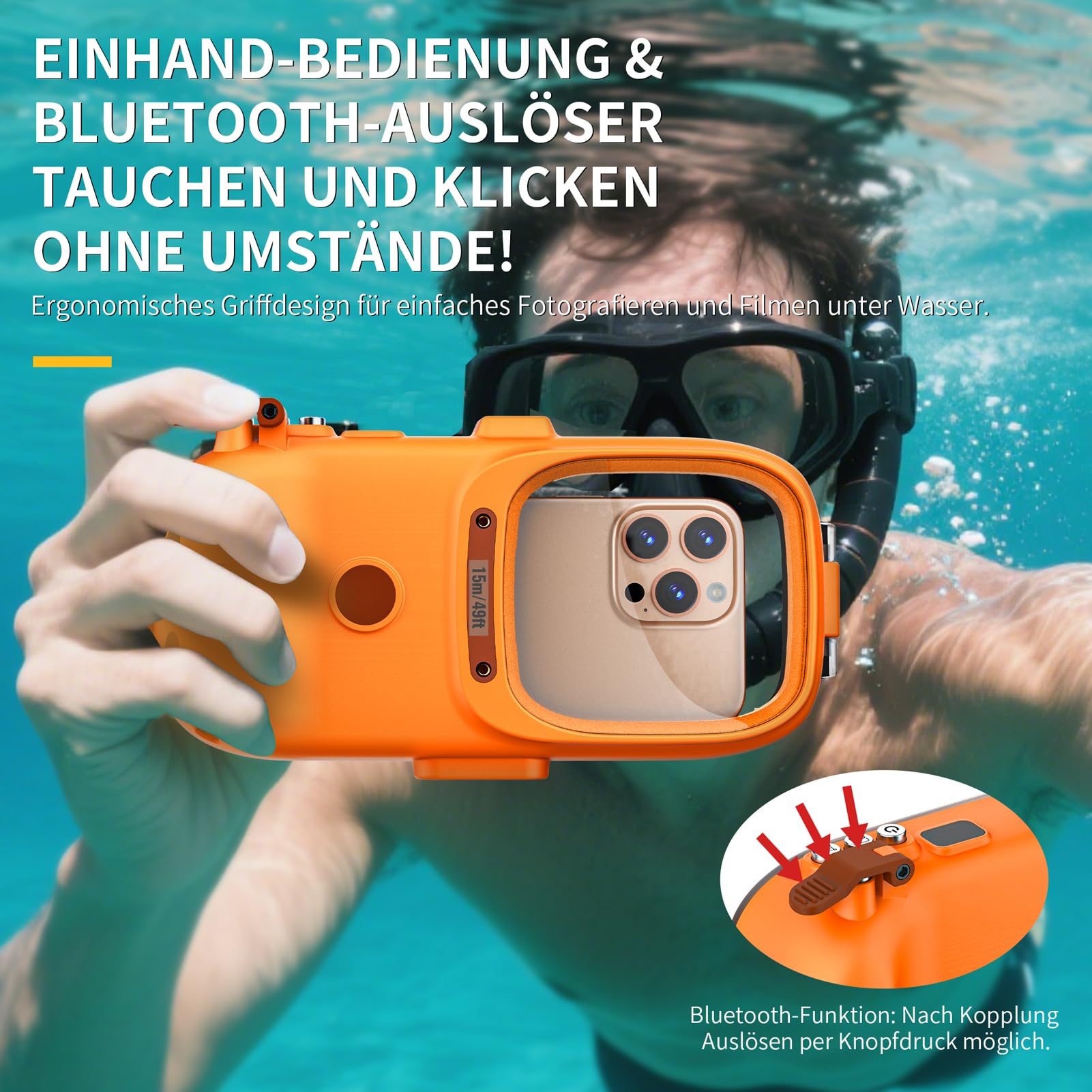 Lanhiem wasserdichte Handyhülle 15M Universelle IPX8 Tauchen Professionelle, kompatibel mit Bluetooth, Unterwasser Hülle für iPhone Samsung XiaoMi Redmi Google und Smartphones 4,7–6,9 Zoll, Orange