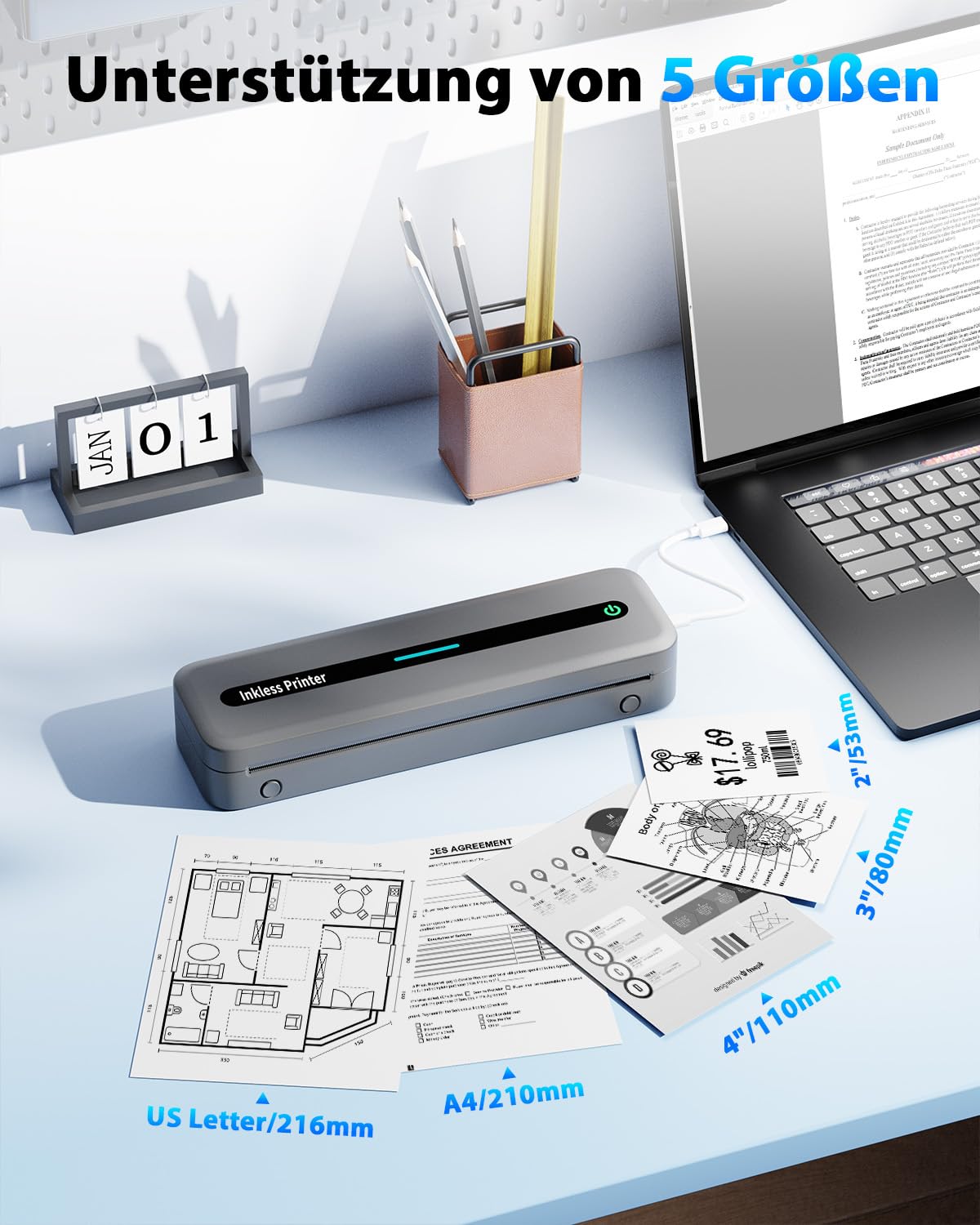 COLORWING Mobiler Drucker M832,Thermodrucker A4,Bluetooth Drucker Klein Kompakt für iPhone und Android,Wird mit Einer Rolle A4-Thermopapier Geliefert,Portbale Printers Wireless for Travel-Grau