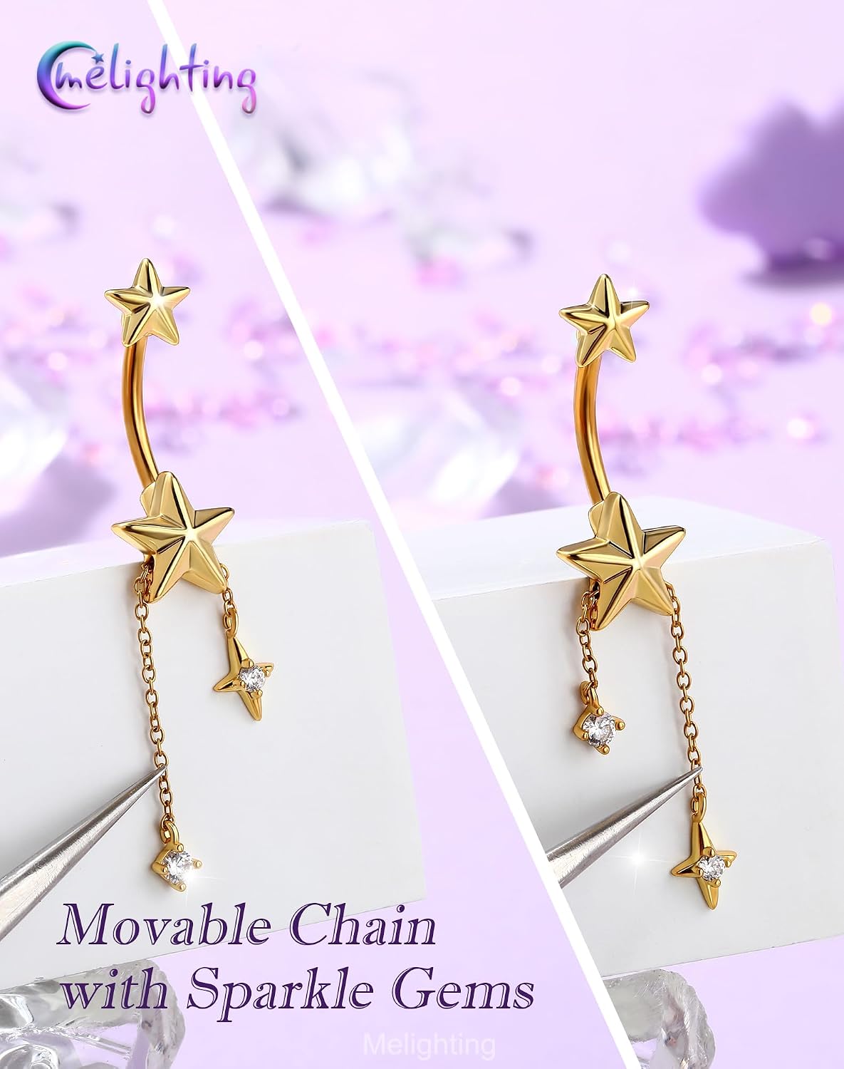 Melighting 14G Gold Belly Button Ring Dangle Chain, 10 mm Stainless Steel Belly Piercing Jewelry with CZ Heart Star Design, Cute Silver Navel Ring for Beach Daily Wear Women