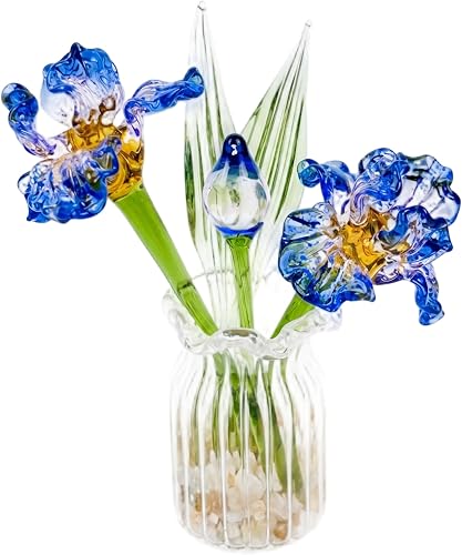 Handmade Crystal Iris Mini Glass Flowers in Vase Set, Tiny Glass Flower for Desk, Shelf, Bedside, Home Decor, Small Art, Blue