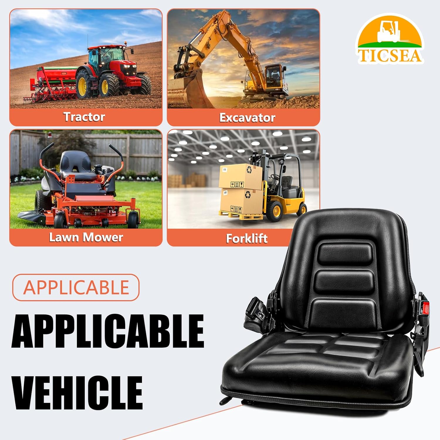 Universal Forklift Seat, Tractor Seat with Safety Belt, Adjustable Back and Operator Position Switch,for Tractor,Excavator Skid Loader Backhoe Dozer Telehandler
