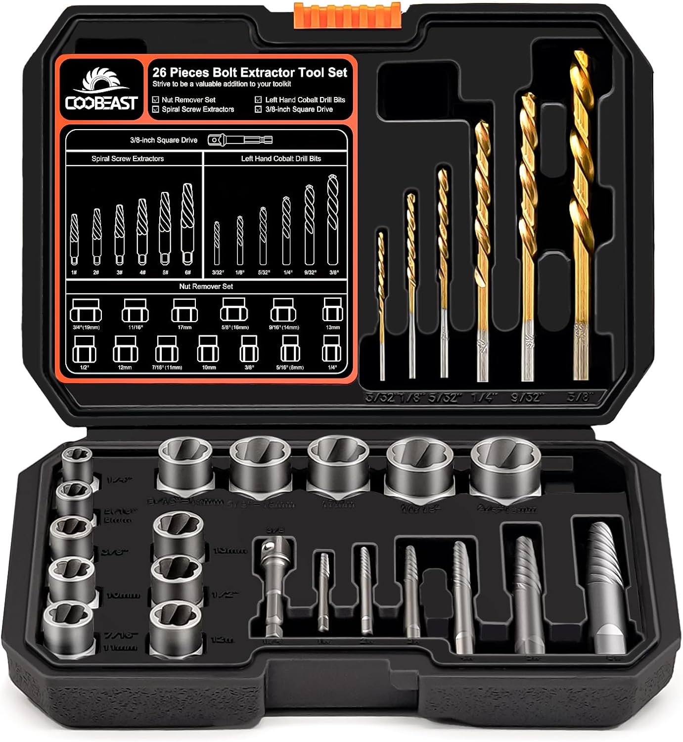 Coobeast 26Pcs Bolt Extractor Kit and Left Handed Drill Bit, Easy Out