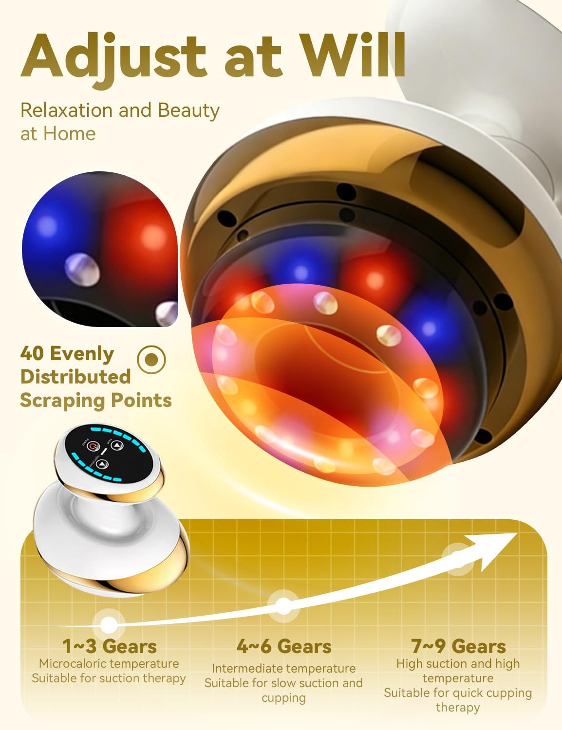 Body Massager with Heat for Smoother-Looking Skin, 4-in-1 Massage Device, 9-Level Suction & Rolling Tool for Thighs, Arms & Belly, Rechargeable (Gold 9th Gear)
