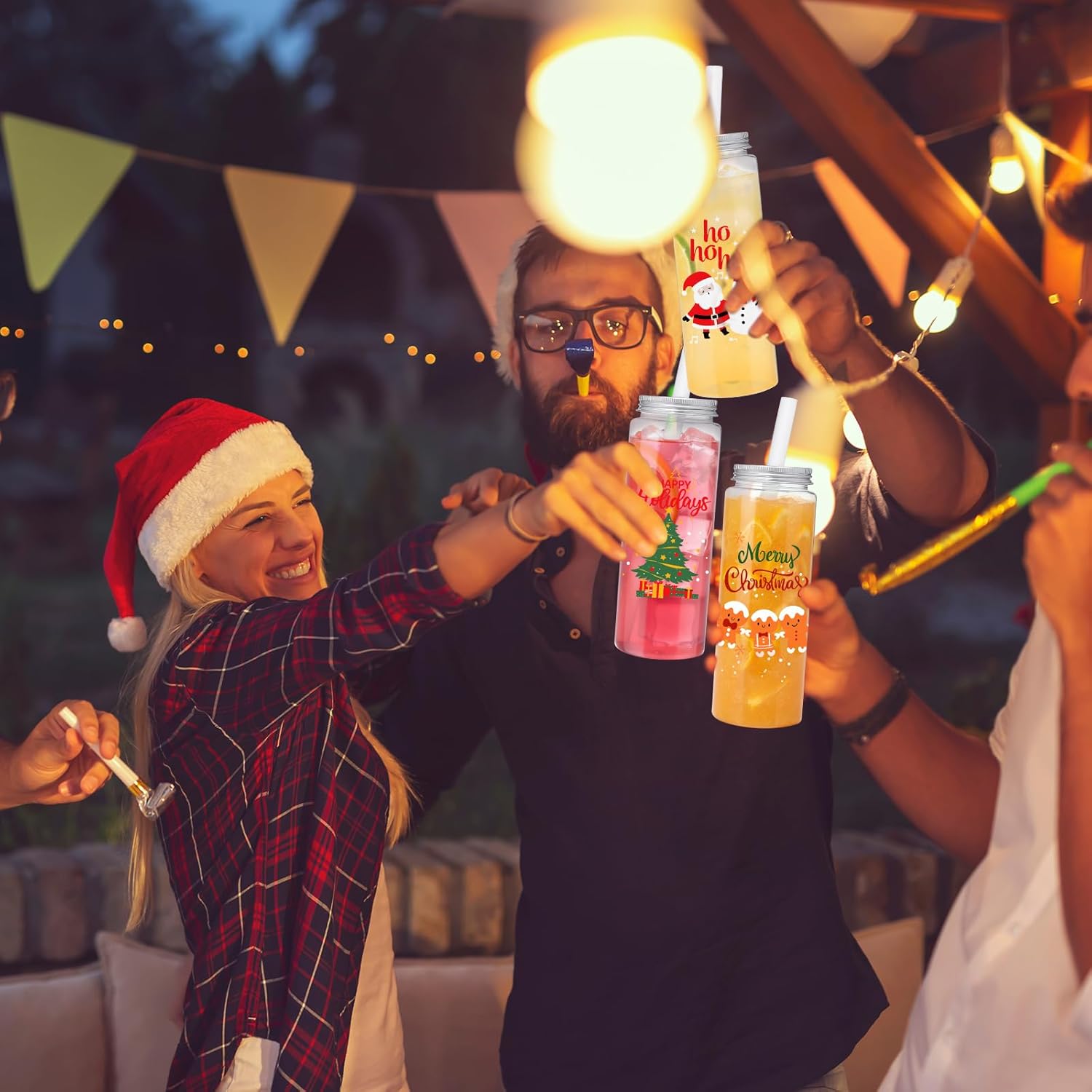 LemonRoad 24 Pcs Christmas Mason Jar Tumblers with Lids and Straws 16.9 oz Reusable Plastic Holiday Cups for Hot & Cold Beverages for Xmas Party Favors & Holiday Supplies(Traditional Style) - Image 5