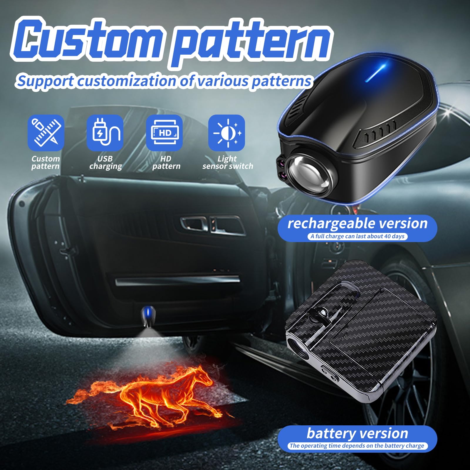 2pcs Car Door Lights Logo Projector, Custom Pattern and Logo, Led HD Car Door Light Projector, USB Rechargeable Door Step Courtesy, Welcome Lights (Rechargeable Version)