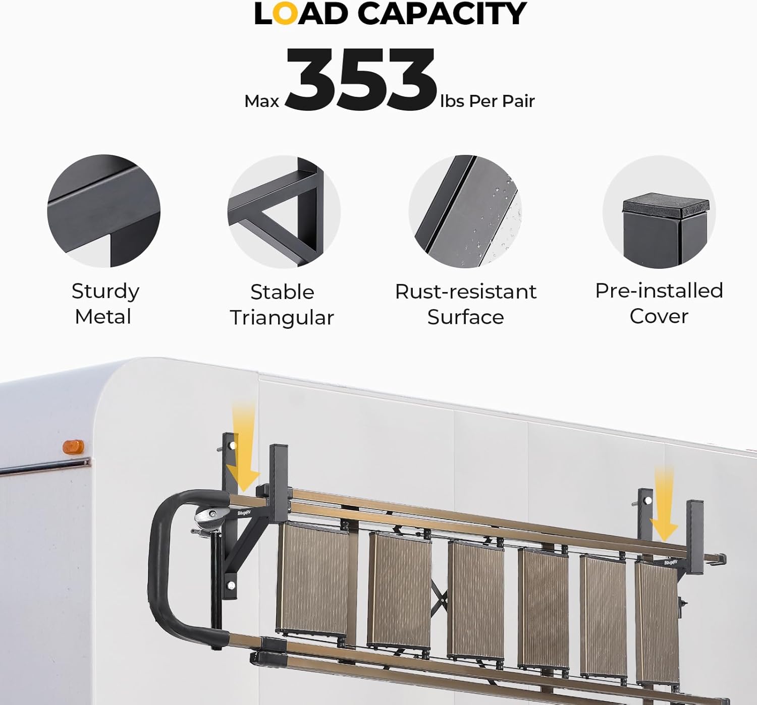 BougeRV Side Mount Trailer Ladder Rack, 2 Racks Heavy Duty Steel Ladder Racks with Bungee Cords Fit for Open and Enclosed Trailer Side Wall, 353 LBS Capacity, Carry 1 or 2 Ladders
