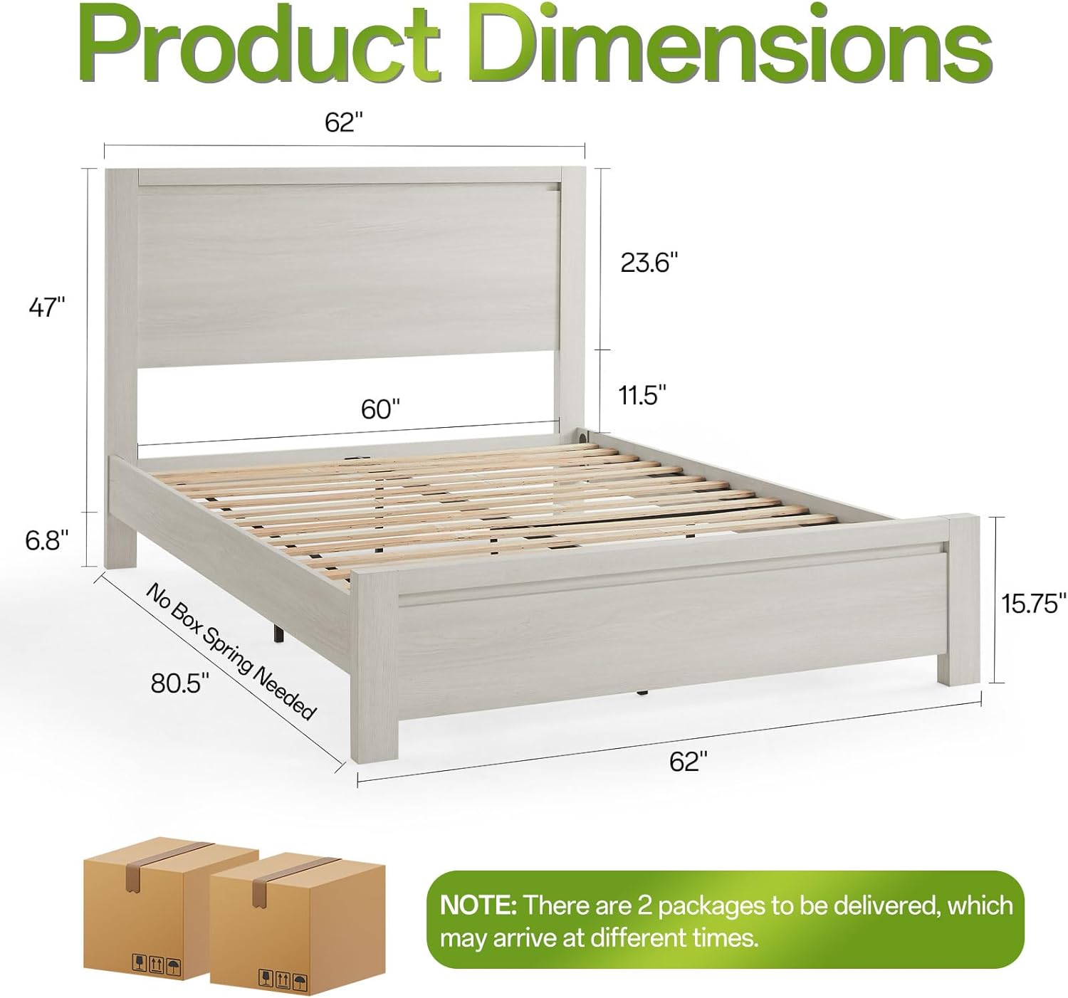 Queen Bed Frame with Headboard, Mid-Century Modern Queen-Size Bedframe with Wood Slat Support, Sturdy Simple Wood Bed, Noise Free, No Box Spring Needed (Cream White)