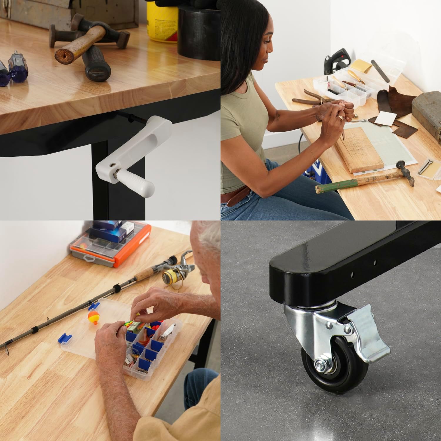 SafeRacks Workbench | 48” Adjustable Hardwood Work Tops | Premium, Standard, or Crank Handle | Rolling Work Station for Garage, Workshop, or Home | Heavy Duty (Crank-Handle)